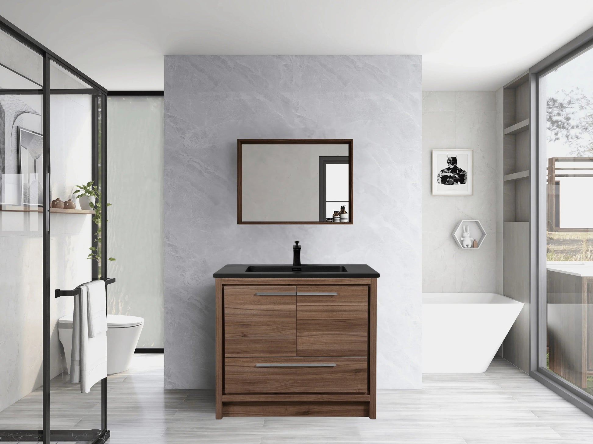 36" Walnut Freestanding Bathroom Vanity with Black Engineered Quartz Countertop-Migration_Bathroom Vanities-DECOROLALA