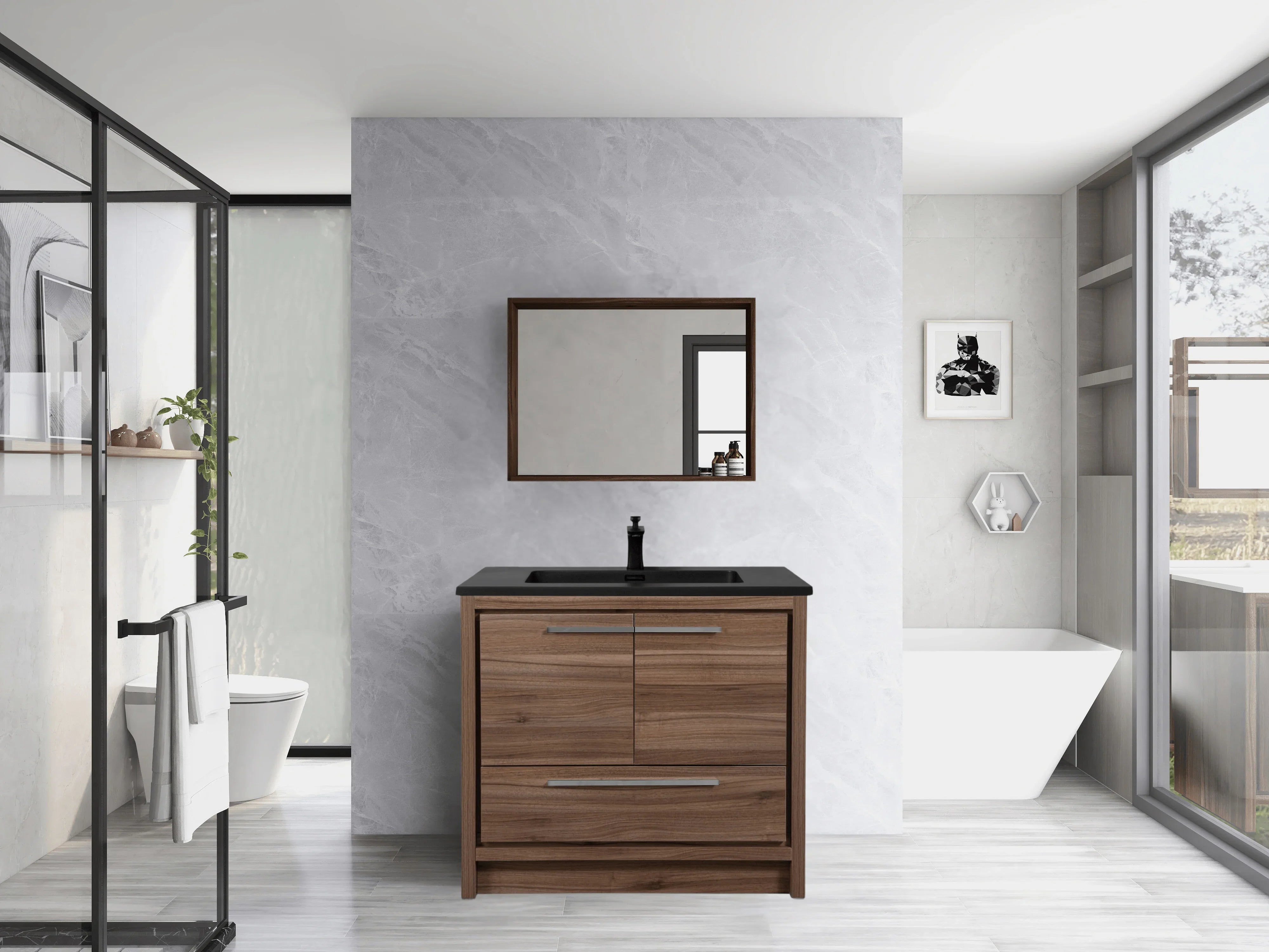 36" Walnut Freestanding Bathroom Vanity with Black Engineered Quartz Countertop-Migration_Bathroom Vanities-DECOROLALA
