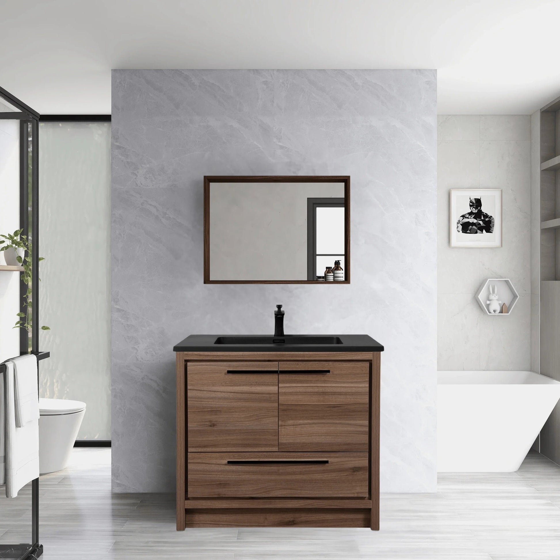 36" Walnut Freestanding Bathroom Vanity with Black Engineered Quartz Countertop-Migration_Bathroom Vanities-DECOROLALA