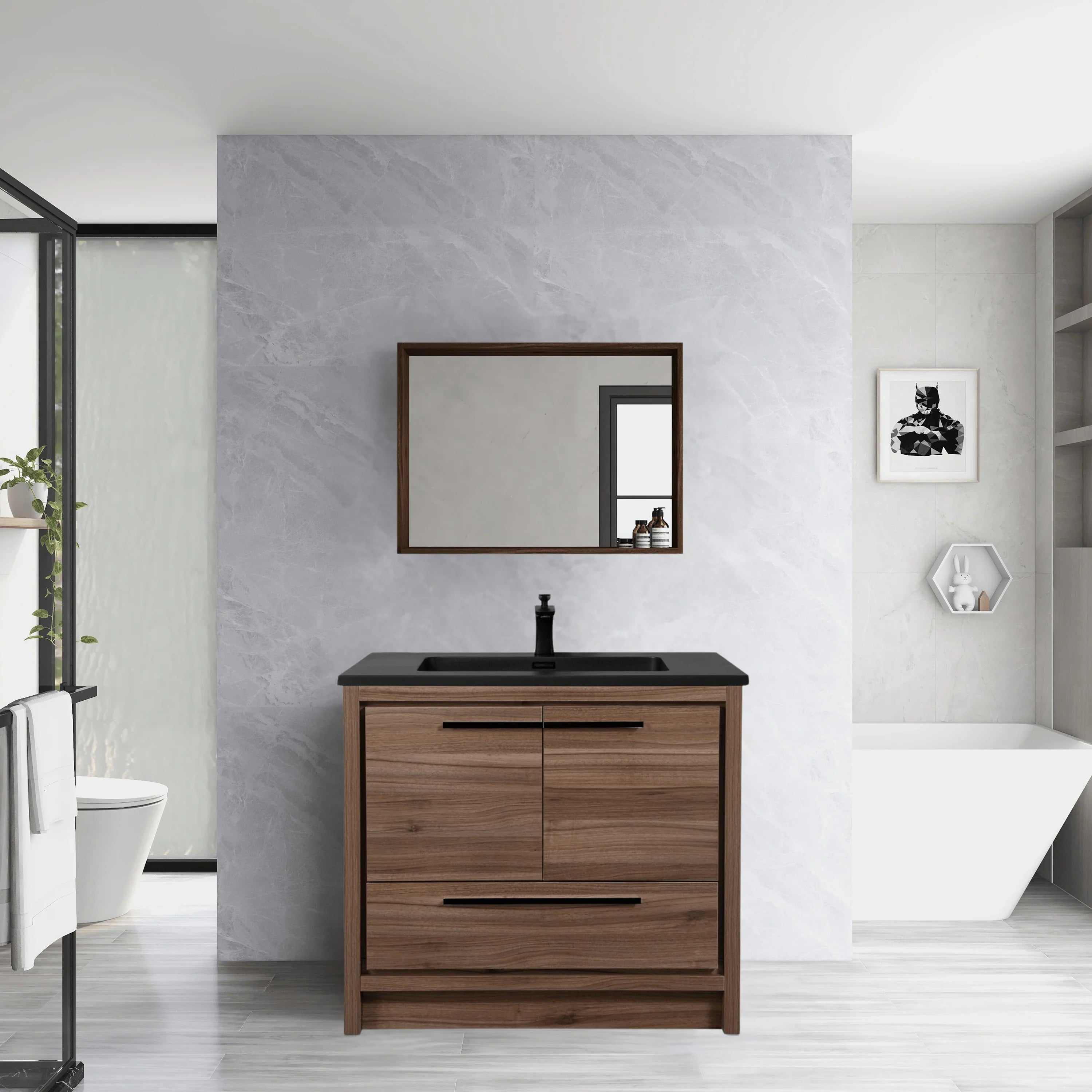 36" Walnut Freestanding Bathroom Vanity with Black Engineered Quartz Countertop-Migration_Bathroom Vanities-DECOROLALA