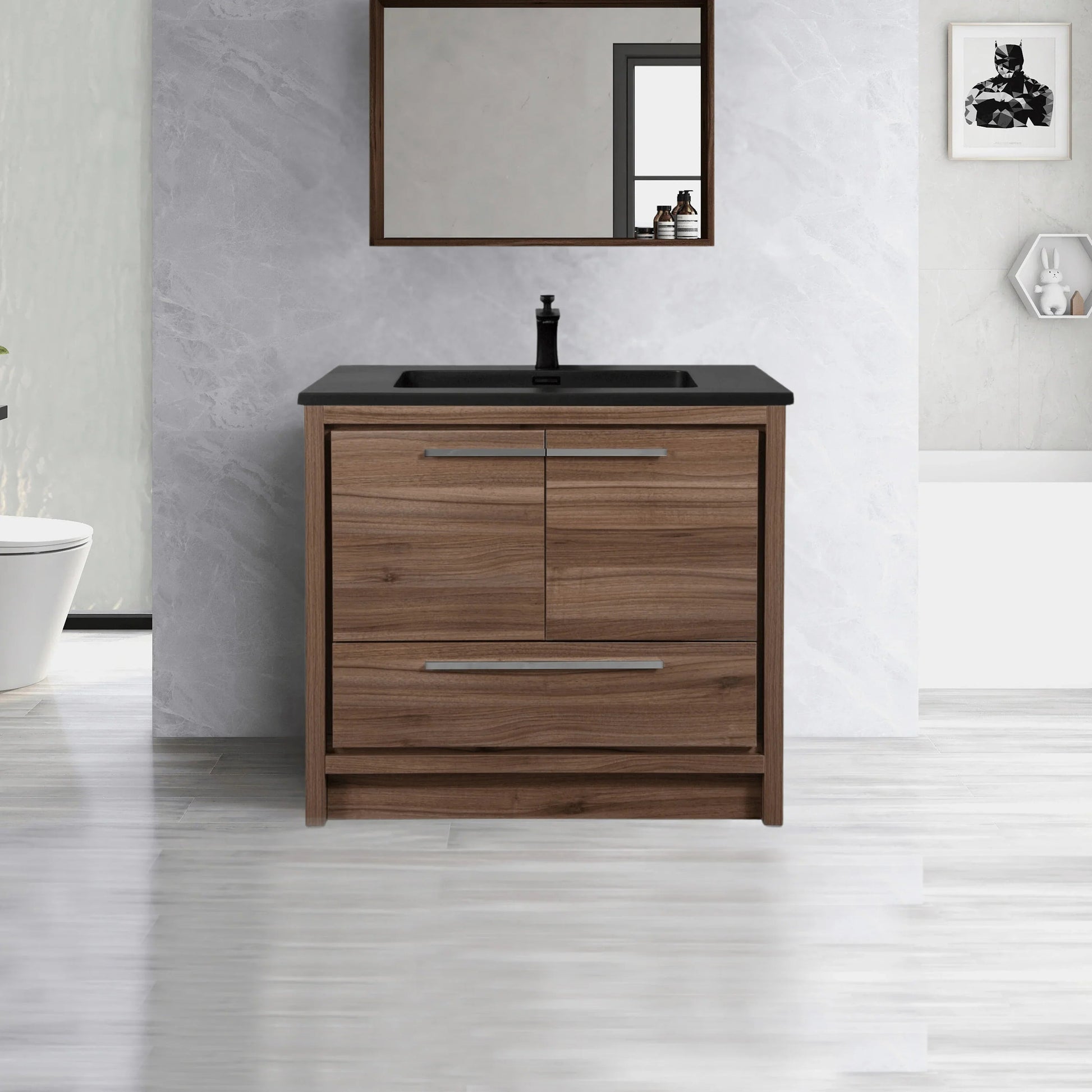 36" Walnut Freestanding Bathroom Vanity with Black Engineered Quartz Countertop-Migration_Bathroom Vanities-DECOROLALA