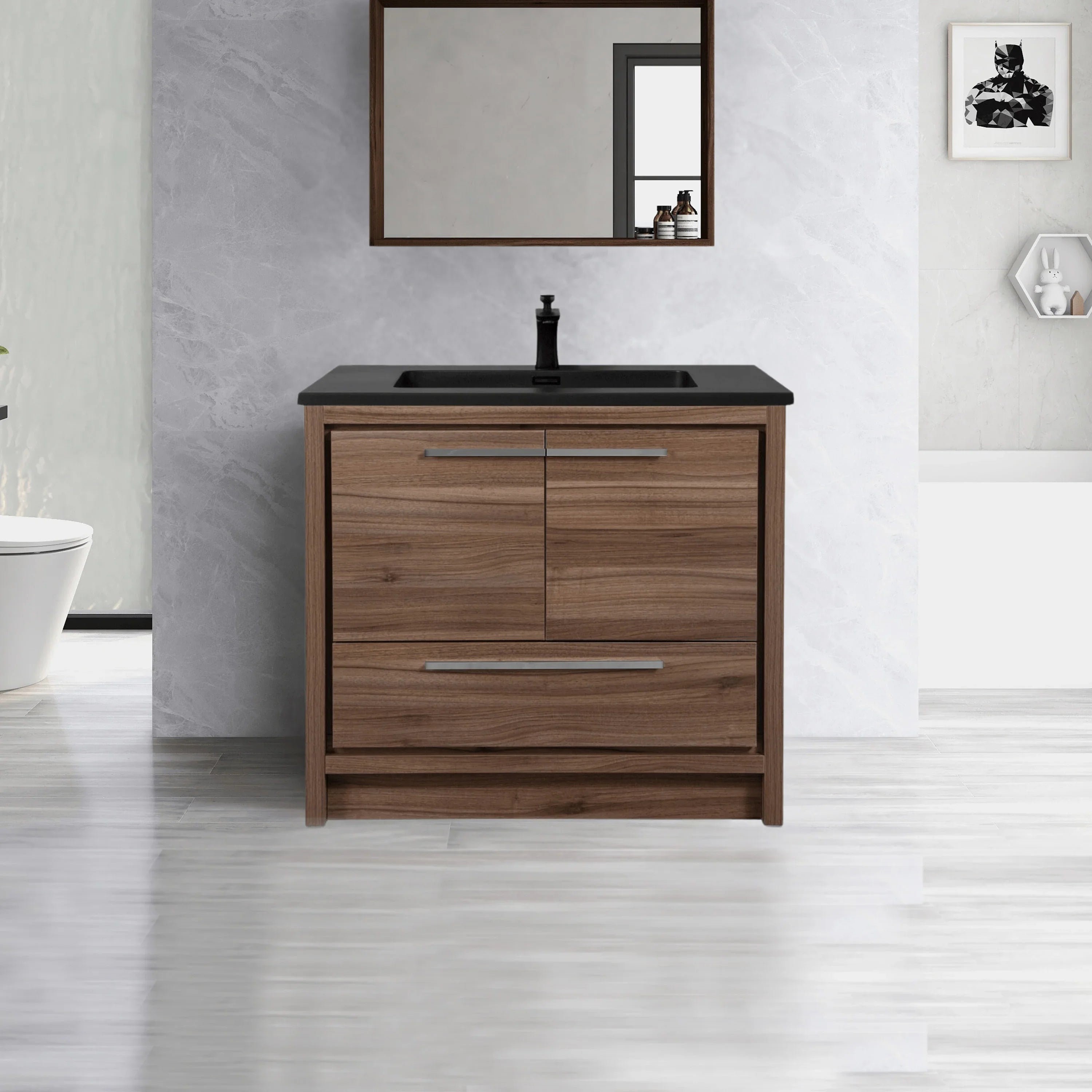 36" Walnut Freestanding Bathroom Vanity with Black Engineered Quartz Countertop-Migration_Bathroom Vanities-DECOROLALA