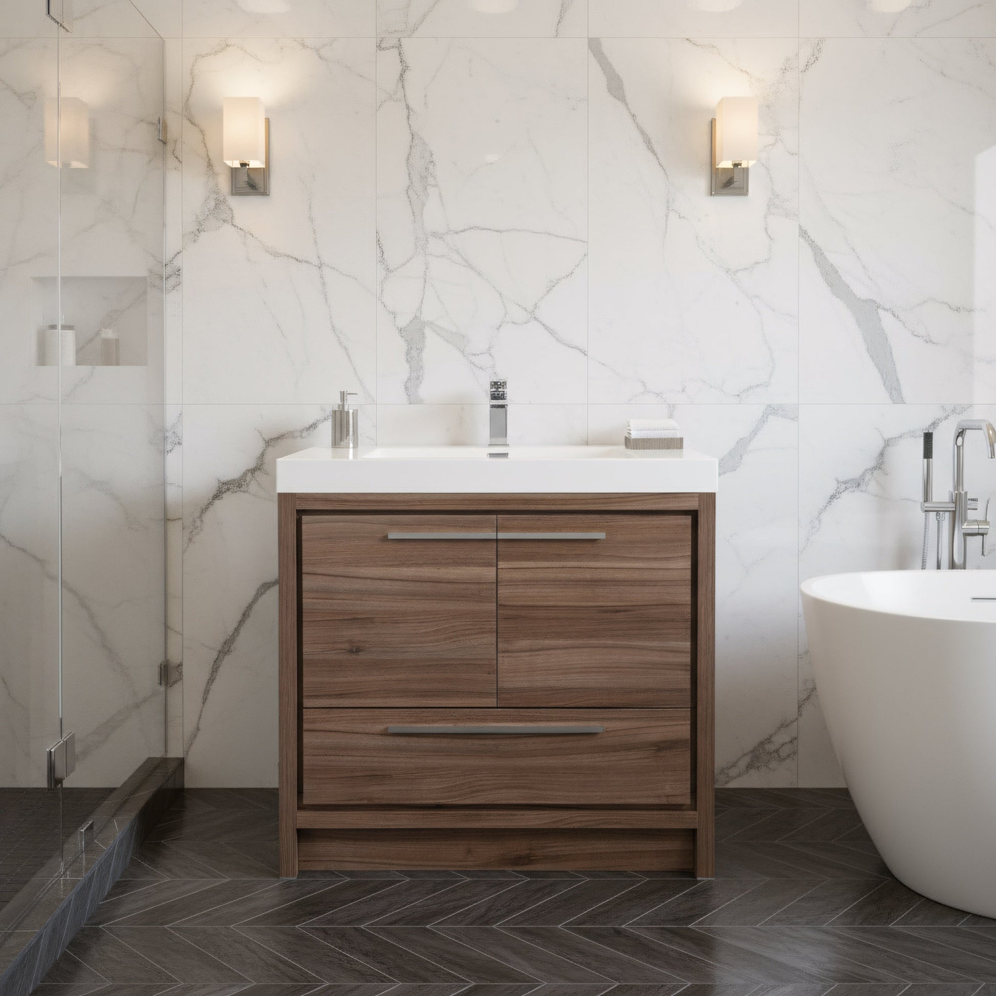 36" Walnut Freestanding Bathroom Vanity with White Polymarble Countertop-Migration_Bathroom Vanities-DECOROLALA