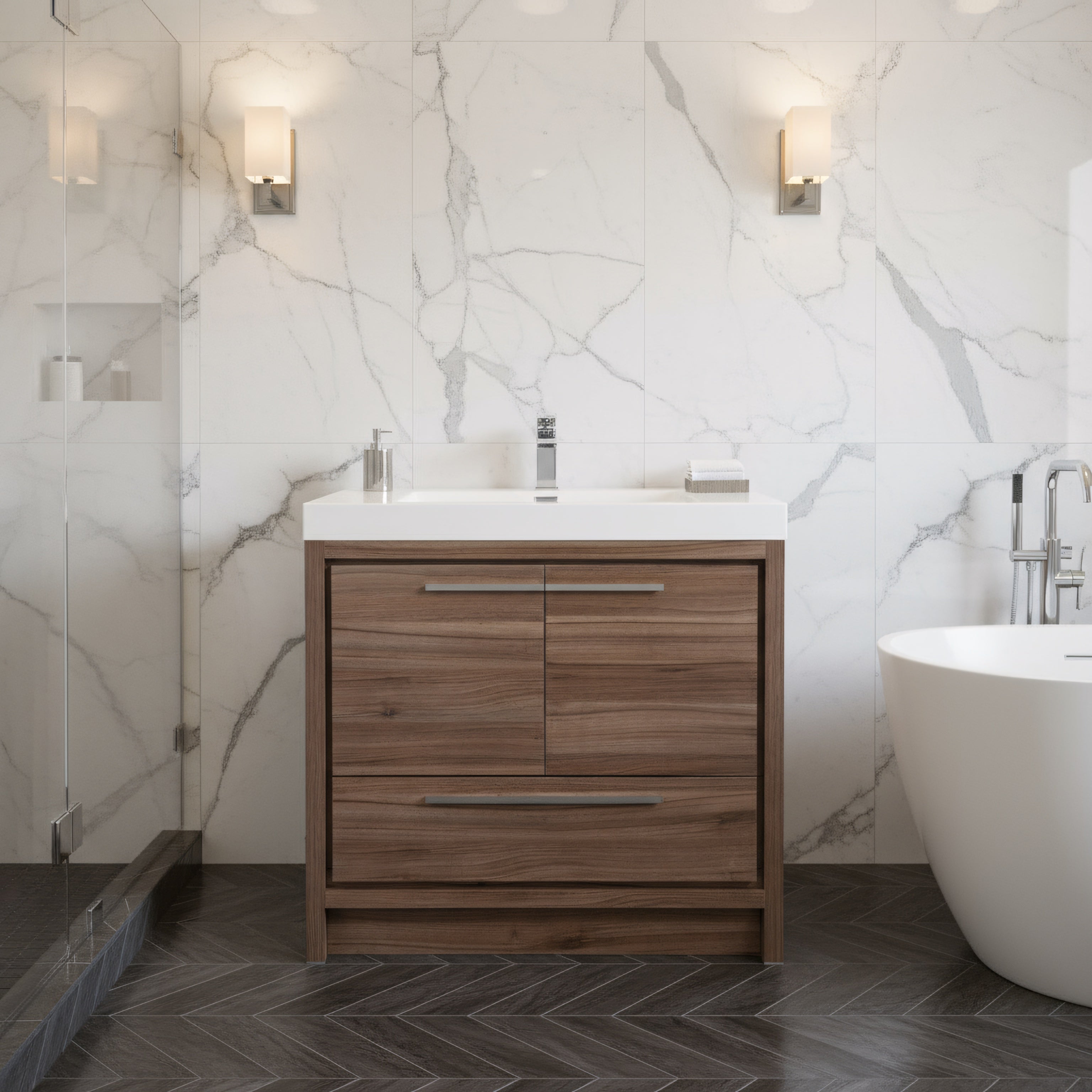 36" Walnut Freestanding Bathroom Vanity with White Polymarble Countertop-Migration_Bathroom Vanities-DECOROLALA