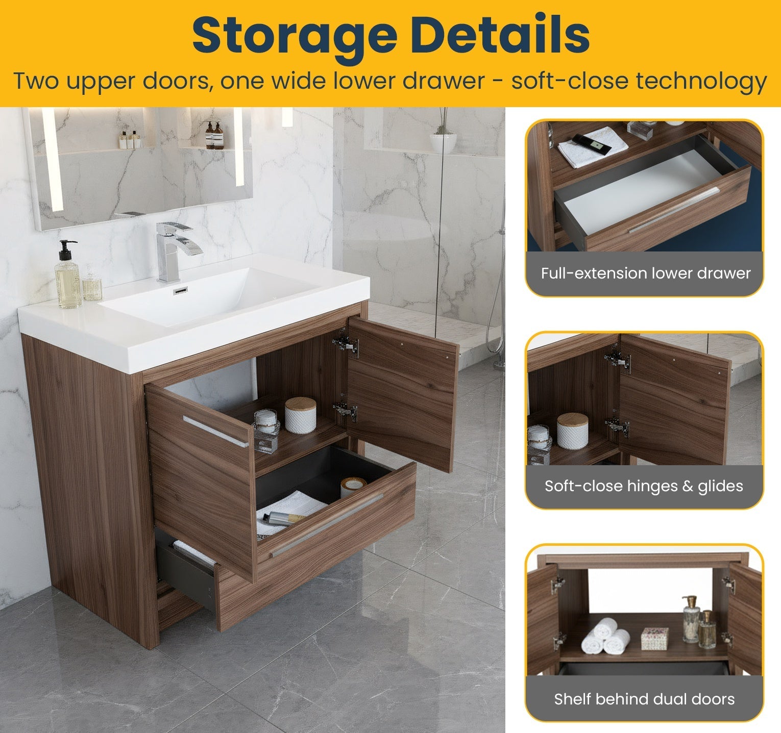 36" Walnut Freestanding Bathroom Vanity with White Polymarble Countertop-Migration_Bathroom Vanities-DECOROLALA