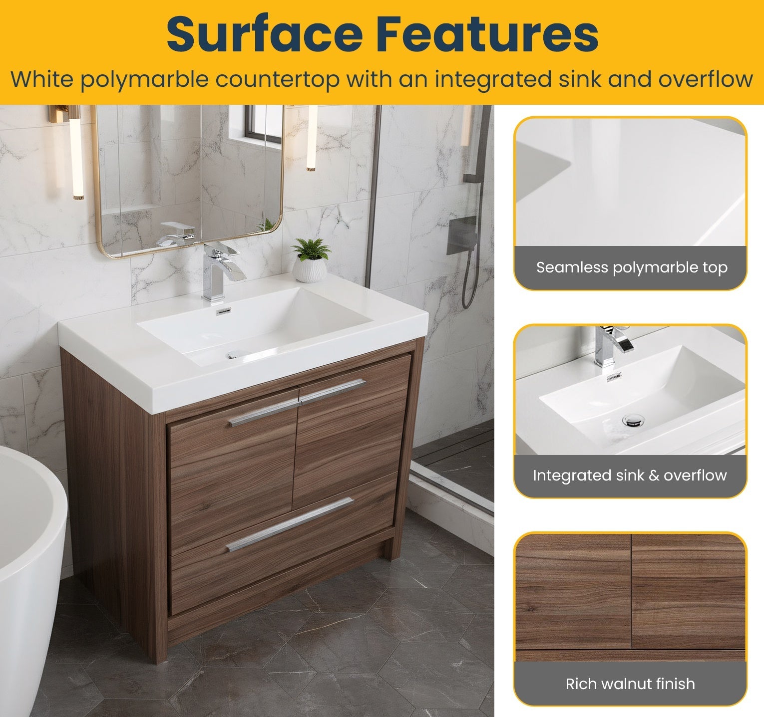 36" Walnut Freestanding Bathroom Vanity with White Polymarble Countertop-Migration_Bathroom Vanities-DECOROLALA