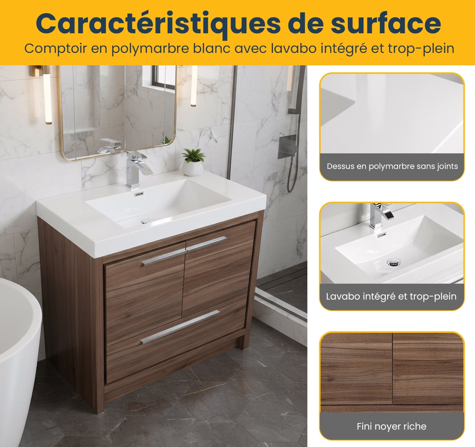 36" Walnut Freestanding Bathroom Vanity with White Polymarble Countertop-Migration_Bathroom Vanities-DECOROLALA