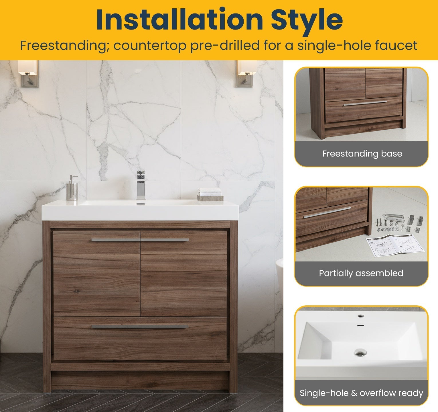 36" Walnut Freestanding Bathroom Vanity with White Polymarble Countertop-Migration_Bathroom Vanities-DECOROLALA