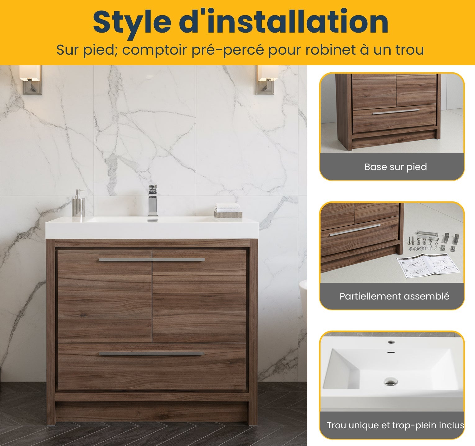 36" Walnut Freestanding Bathroom Vanity with White Polymarble Countertop-Migration_Bathroom Vanities-DECOROLALA