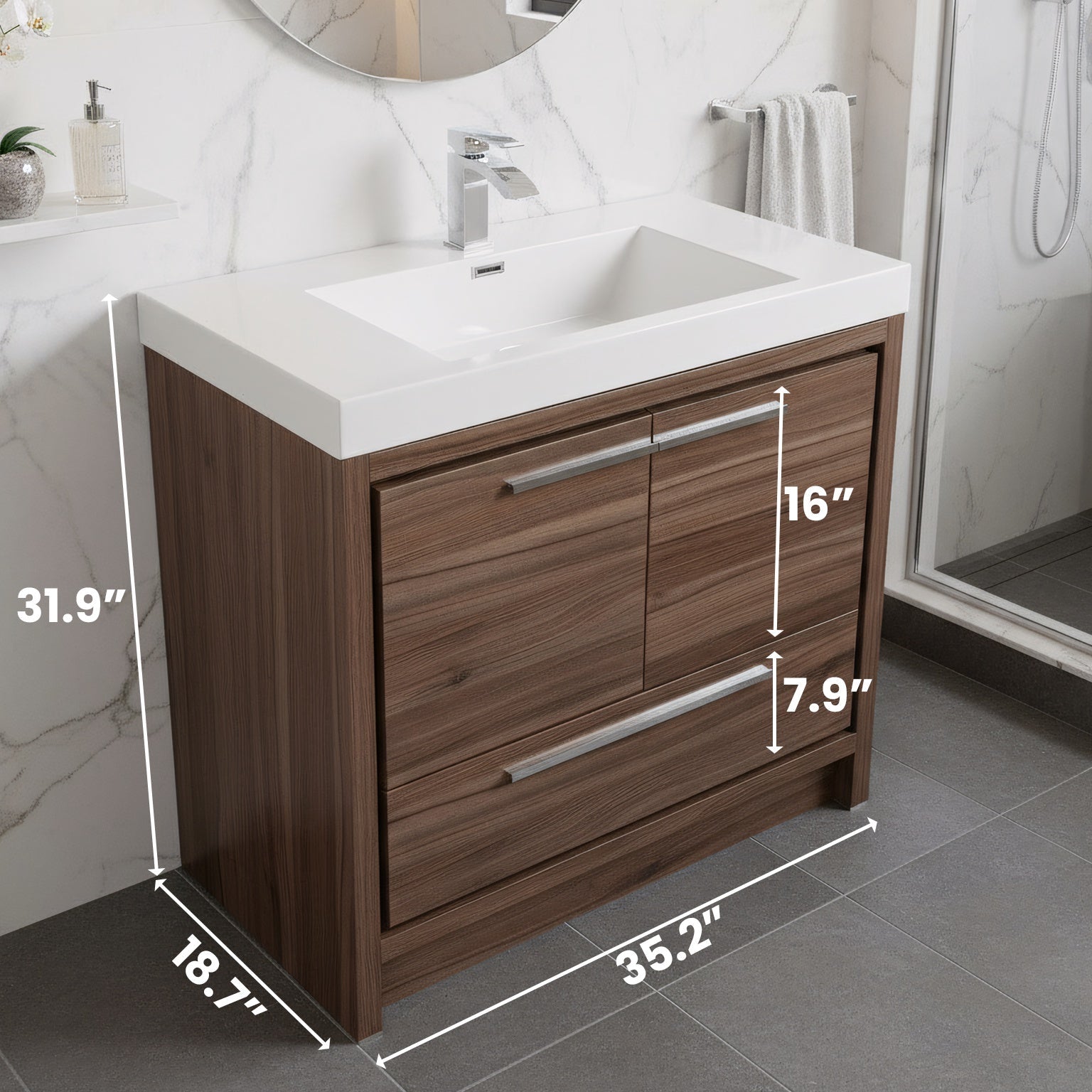 36" Walnut Freestanding Bathroom Vanity with White Polymarble Countertop-Migration_Bathroom Vanities-DECOROLALA