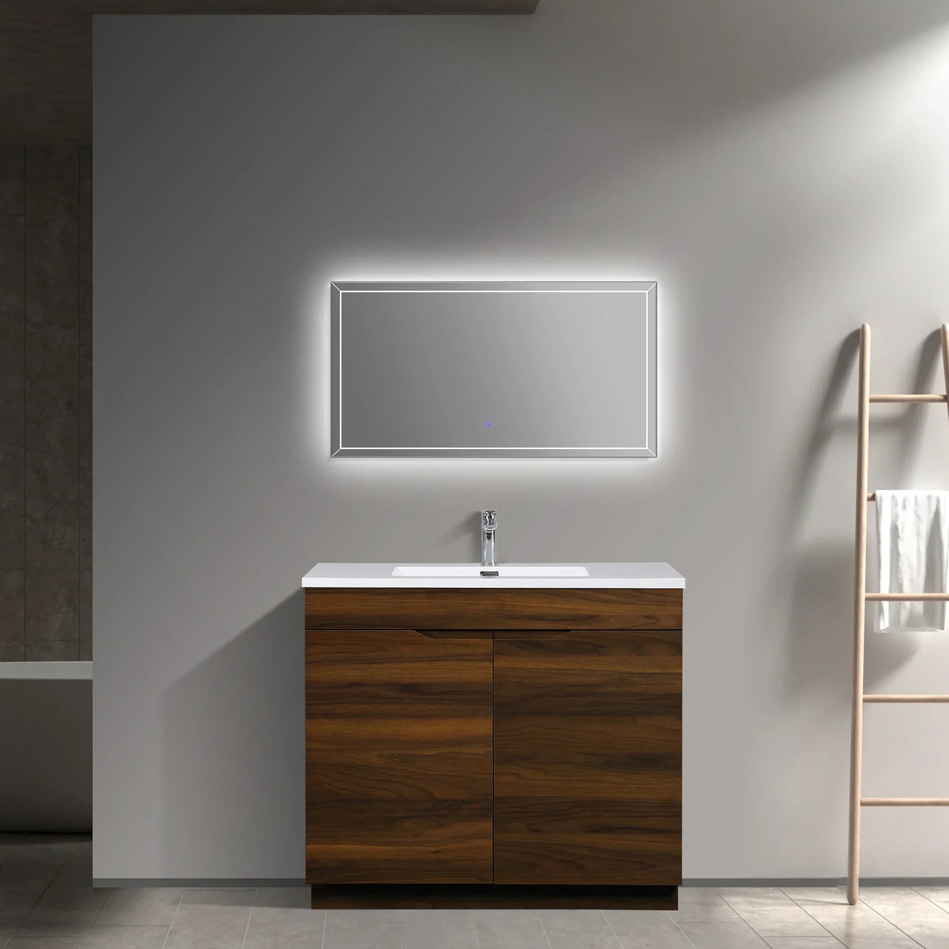 36" Walnut Freestanding Bathroom Vanity with White Polymarble Countertop-Migration_Bathroom Vanities-DECOROLALA