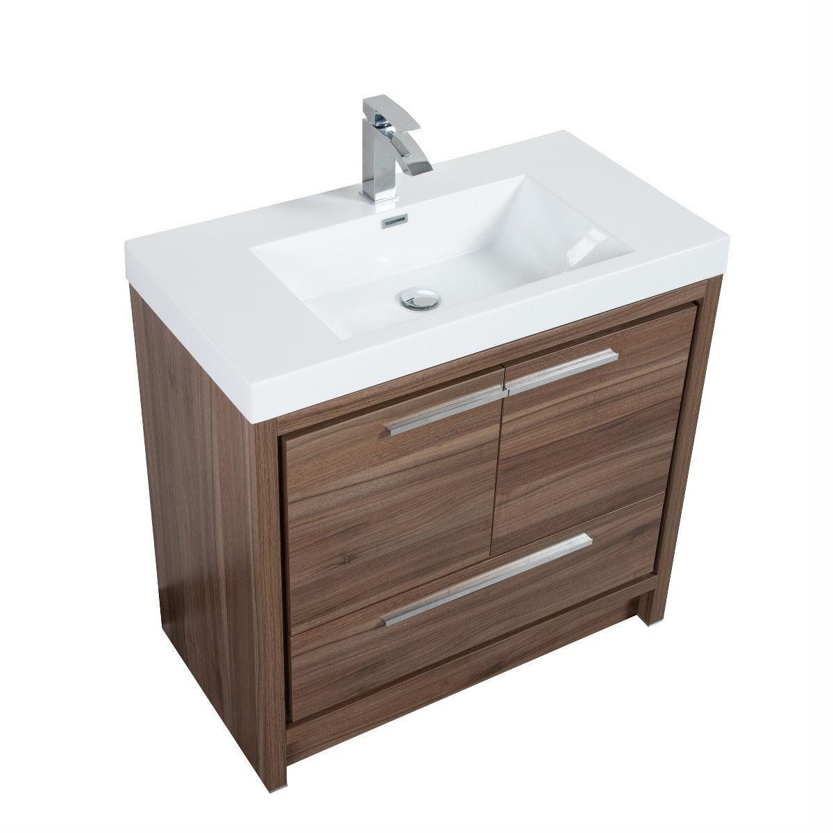 36" Walnut Freestanding Bathroom Vanity with White Polymarble Countertop-Migration_Bathroom Vanities-DECOROLALA