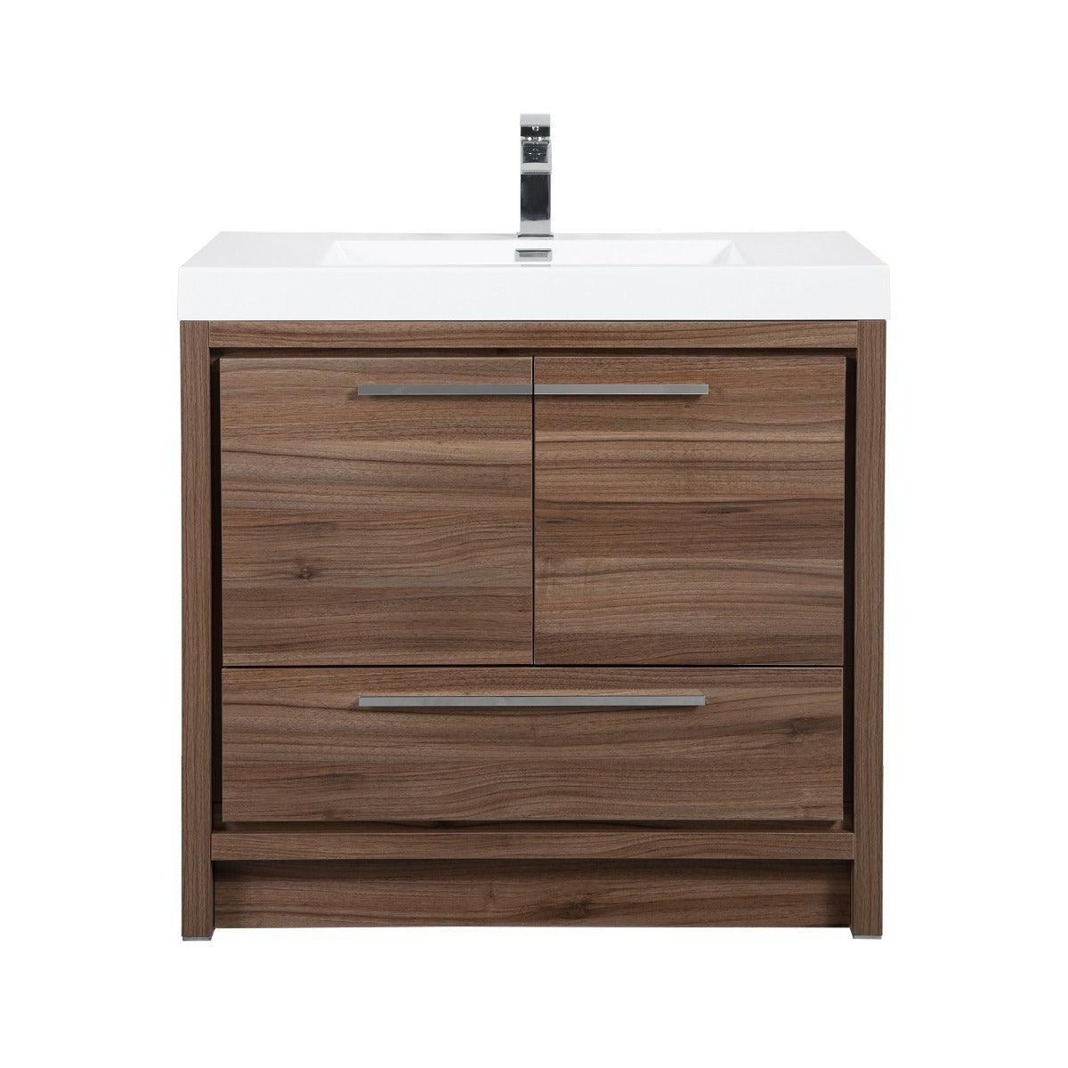 36" Walnut Freestanding Bathroom Vanity with White Polymarble Countertop-Migration_Bathroom Vanities-DECOROLALA