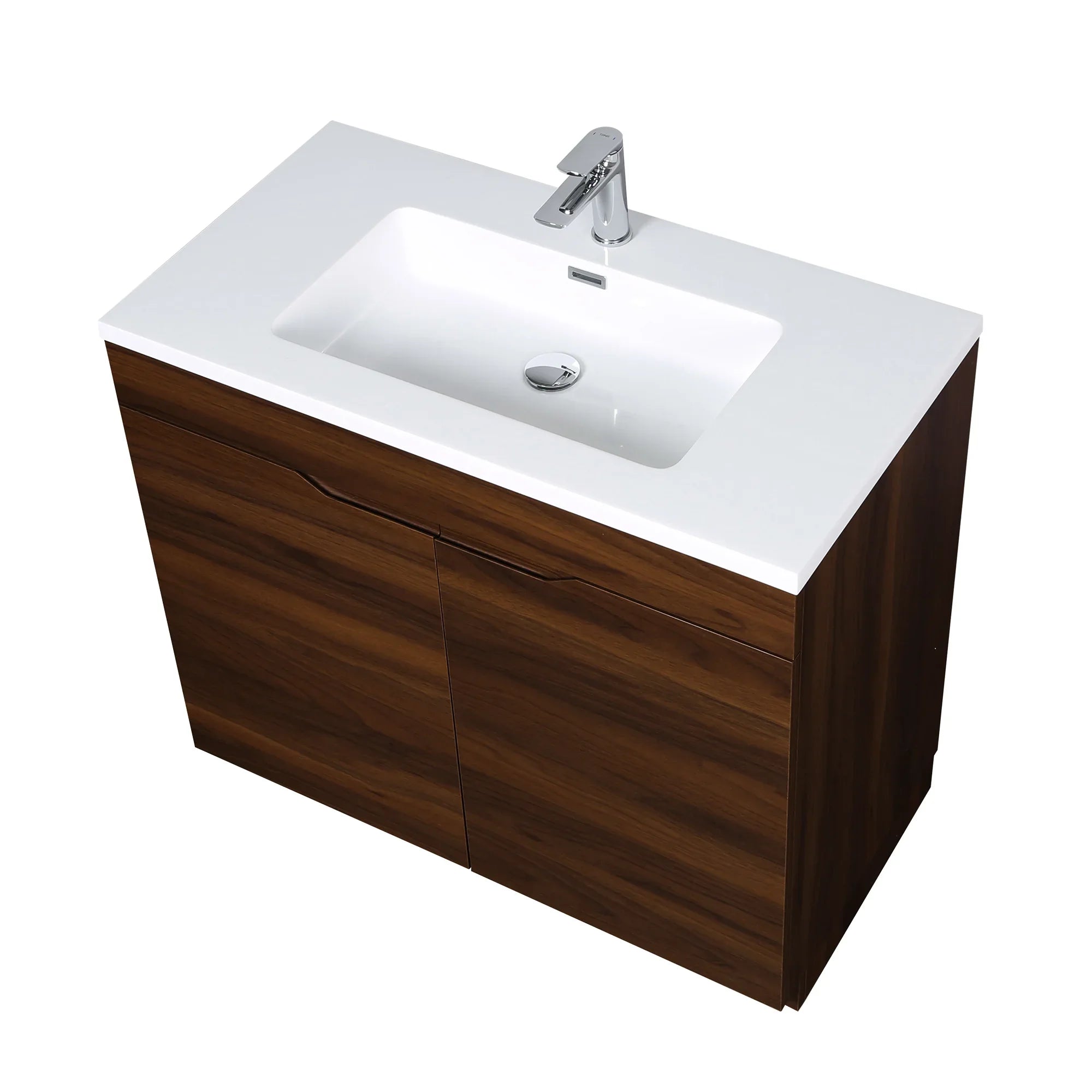 36" Walnut Freestanding Bathroom Vanity with White Polymarble Countertop-Migration_Bathroom Vanities-DECOROLALA