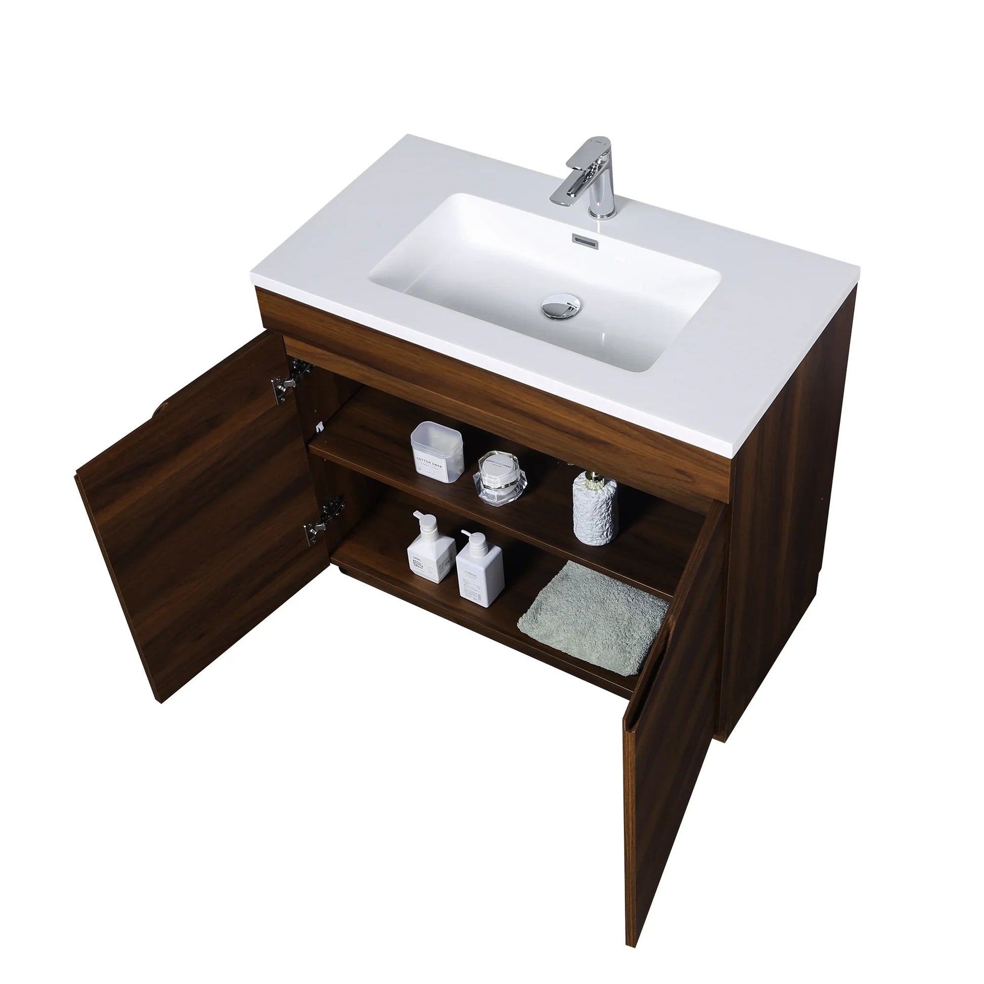 36" Walnut Freestanding Bathroom Vanity with White Polymarble Countertop-Migration_Bathroom Vanities-DECOROLALA