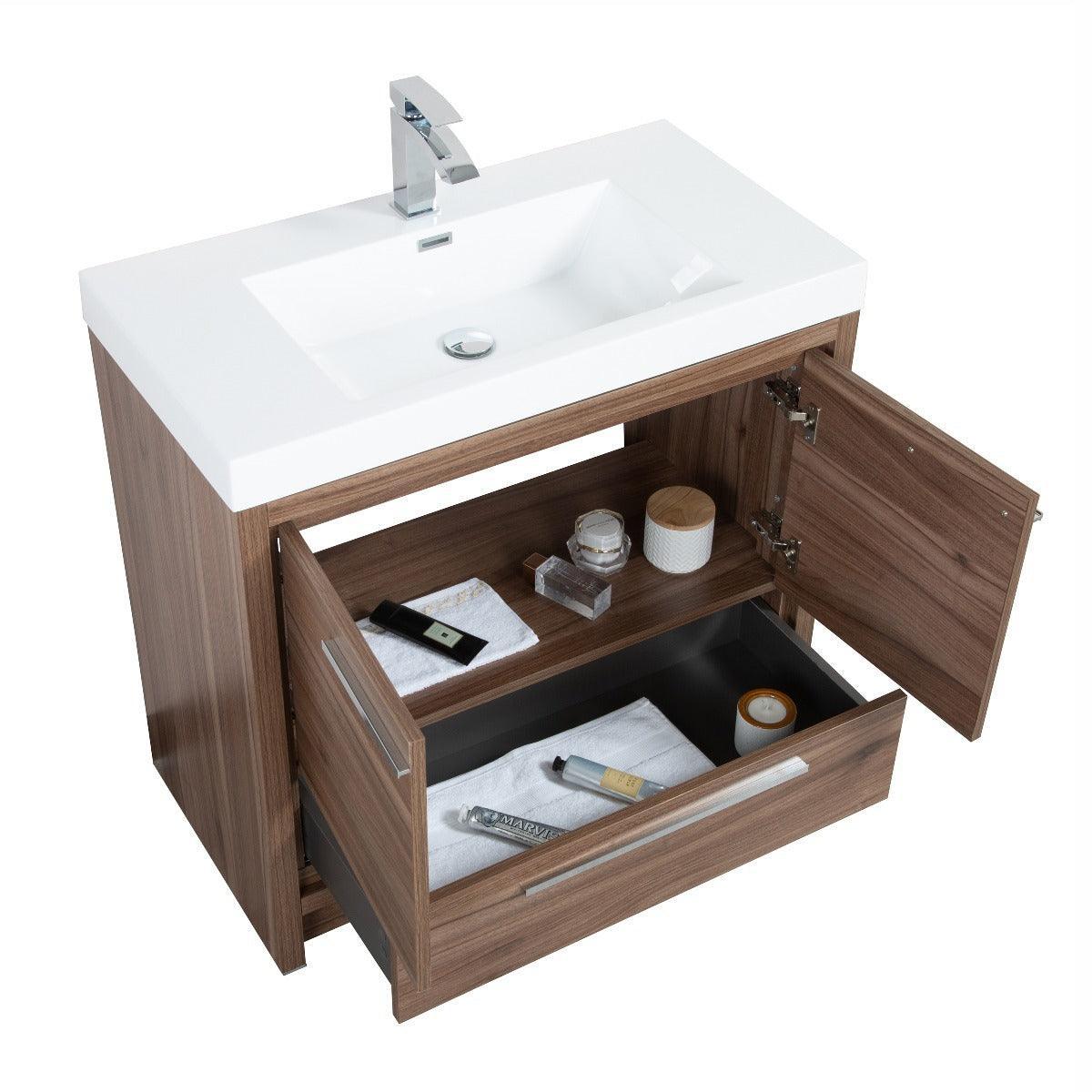 36" Walnut Freestanding Bathroom Vanity with White Polymarble Countertop-Migration_Bathroom Vanities-DECOROLALA
