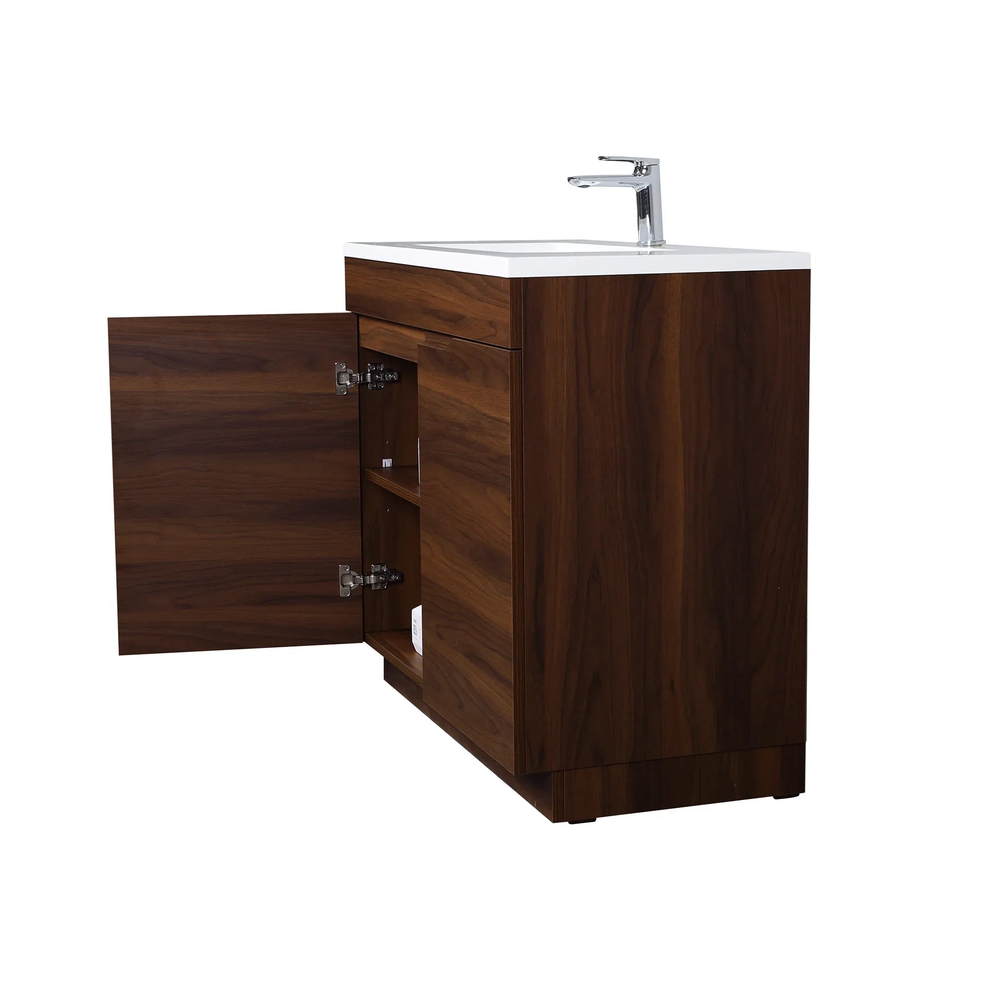 36" Walnut Freestanding Bathroom Vanity with White Polymarble Countertop-Migration_Bathroom Vanities-DECOROLALA