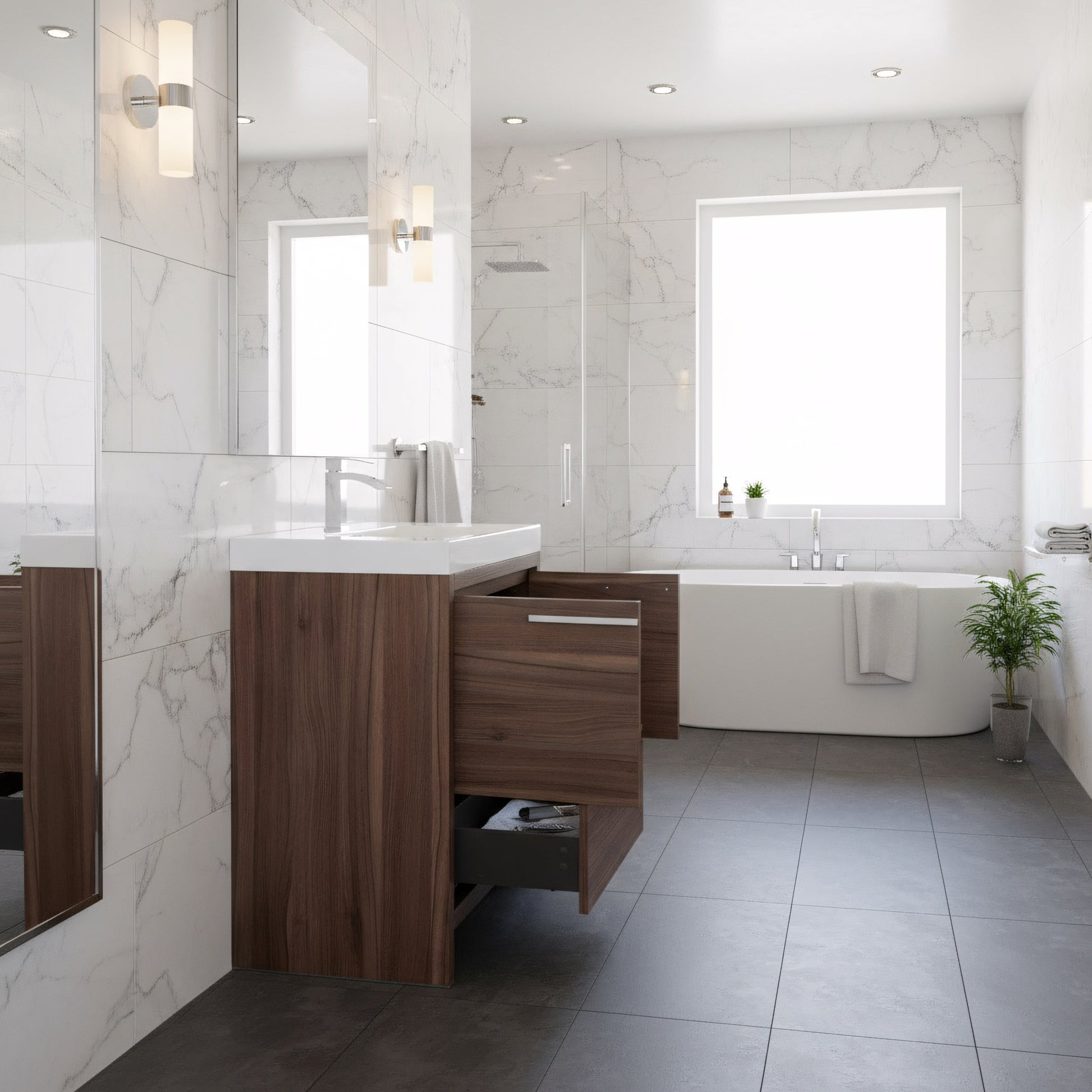 36" Walnut Freestanding Bathroom Vanity with White Polymarble Countertop-Migration_Bathroom Vanities-DECOROLALA