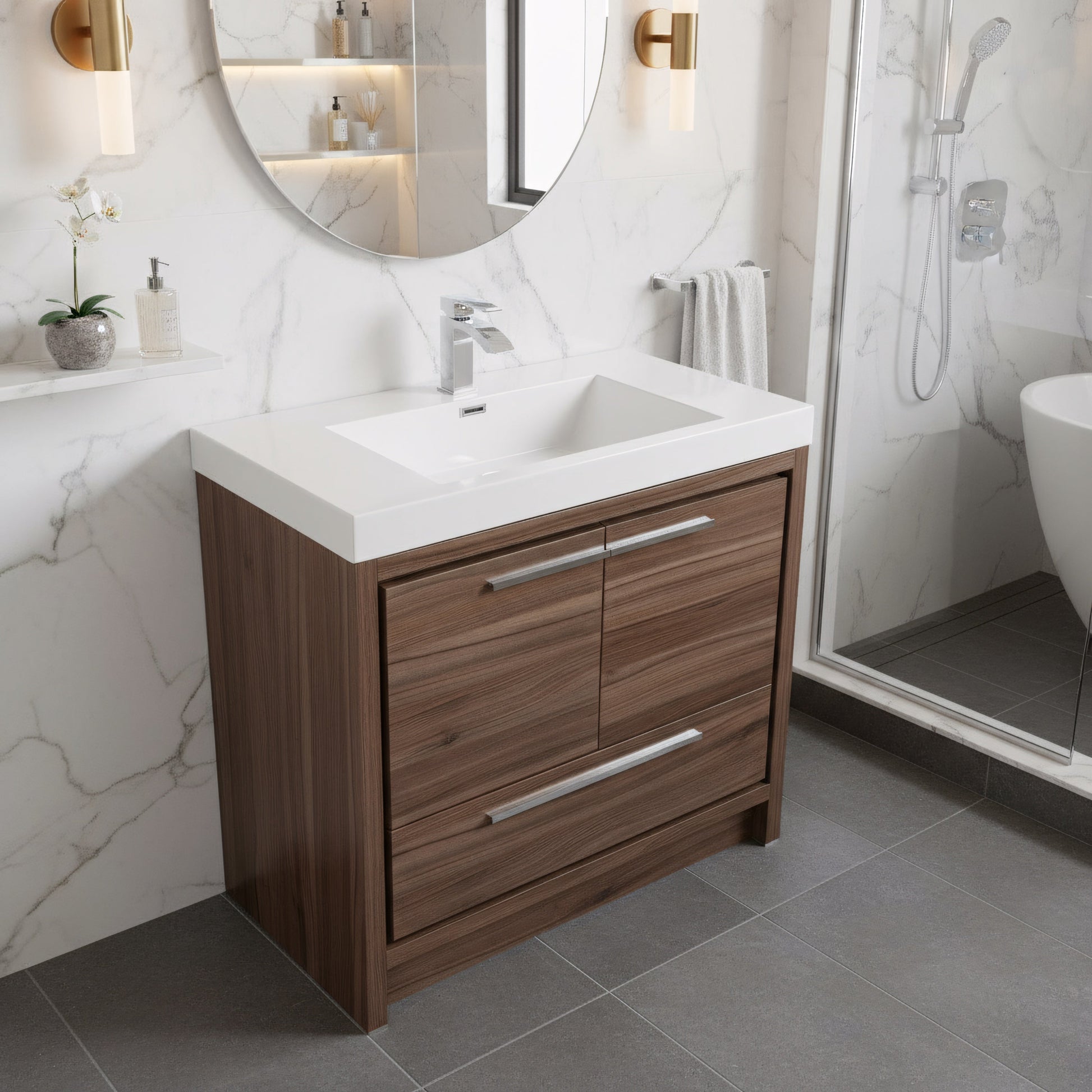 36" Walnut Freestanding Bathroom Vanity with White Polymarble Countertop-Migration_Bathroom Vanities-DECOROLALA