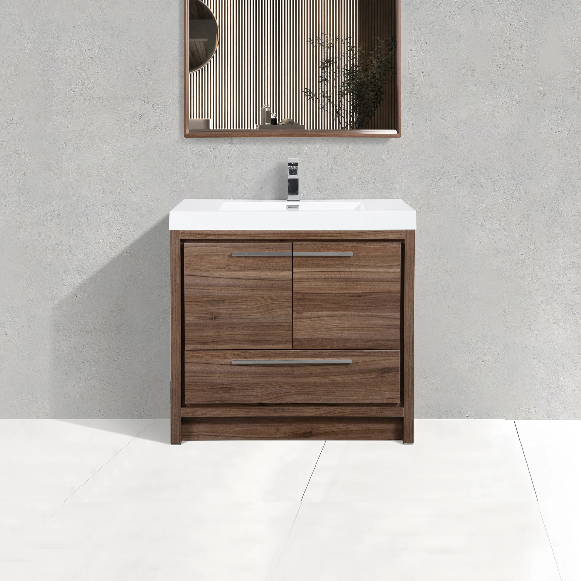 36" Walnut Freestanding Bathroom Vanity with White Polymarble Countertop-Migration_Bathroom Vanities-DECOROLALA