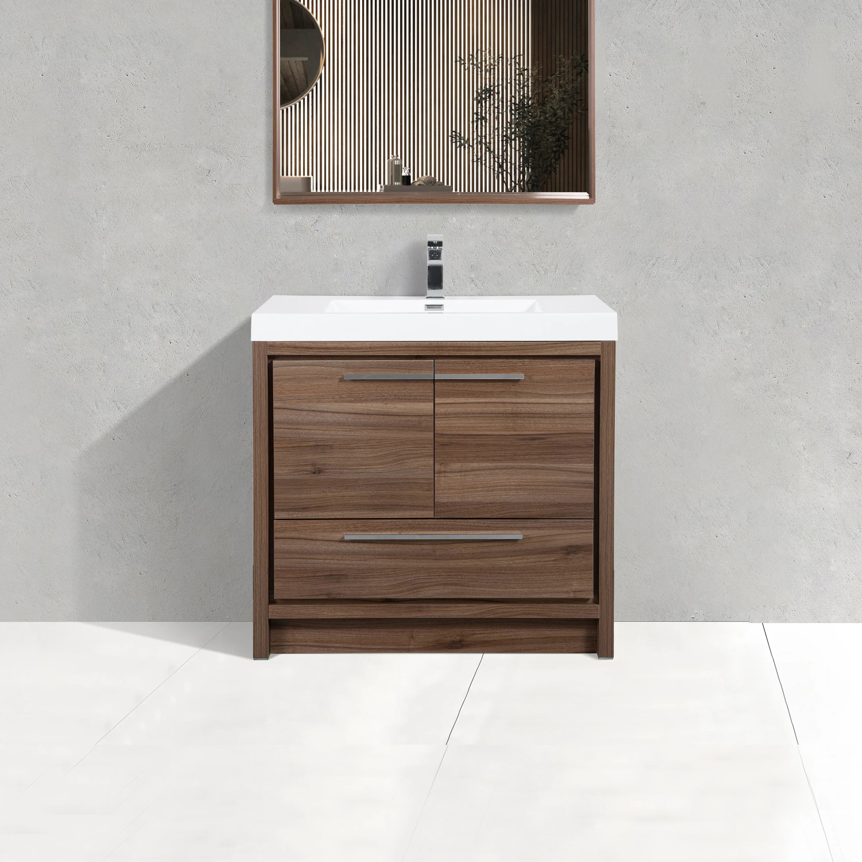 36" Walnut Freestanding Bathroom Vanity with White Polymarble Countertop-Migration_Bathroom Vanities-DECOROLALA