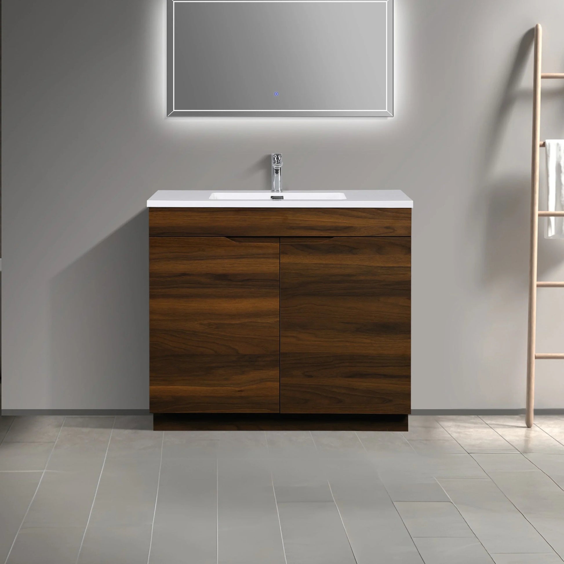 36" Walnut Freestanding Bathroom Vanity with White Polymarble Countertop-Migration_Bathroom Vanities-DECOROLALA