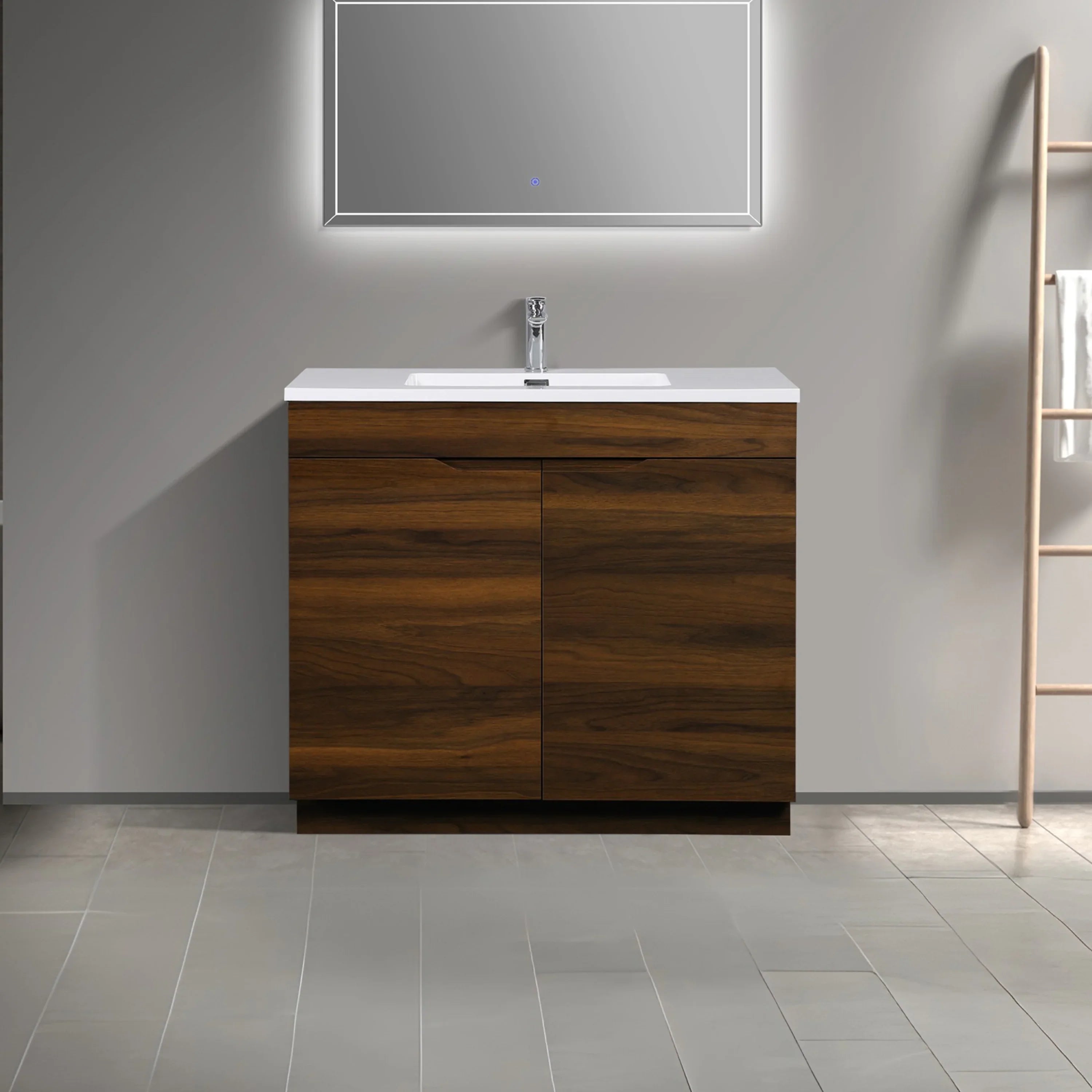36" Walnut Freestanding Bathroom Vanity with White Polymarble Countertop-Migration_Bathroom Vanities-DECOROLALA