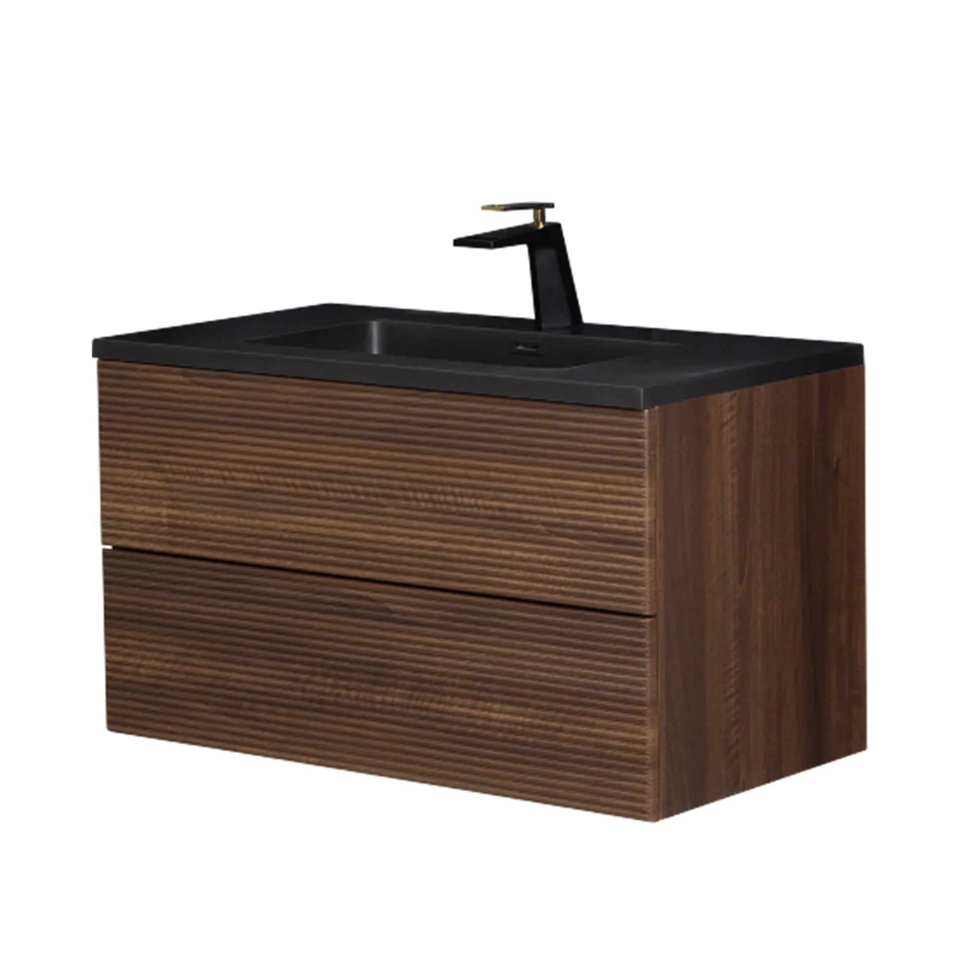 36" Walnut Wall Mount Bathroom Vanity with Black Engineered Quartz Countertop-Migration_Bathroom Vanities-DECOROLALA