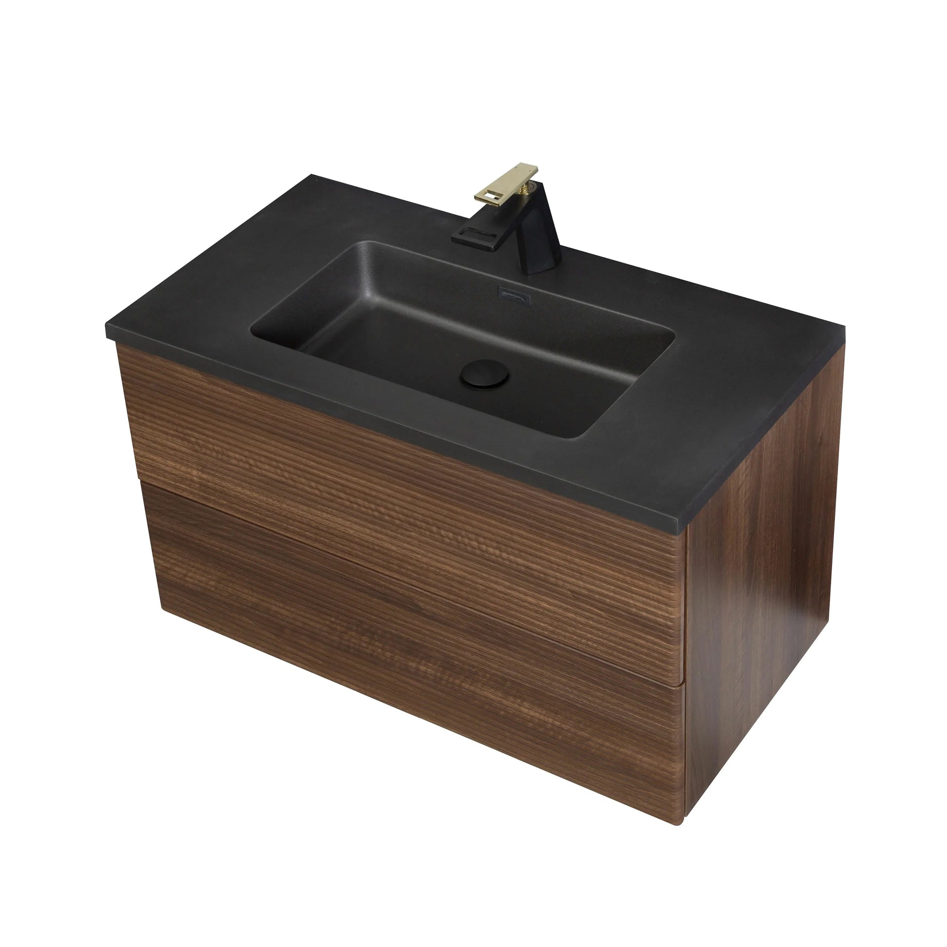 36" Walnut Wall Mount Bathroom Vanity with Black Engineered Quartz Countertop-Migration_Bathroom Vanities-DECOROLALA