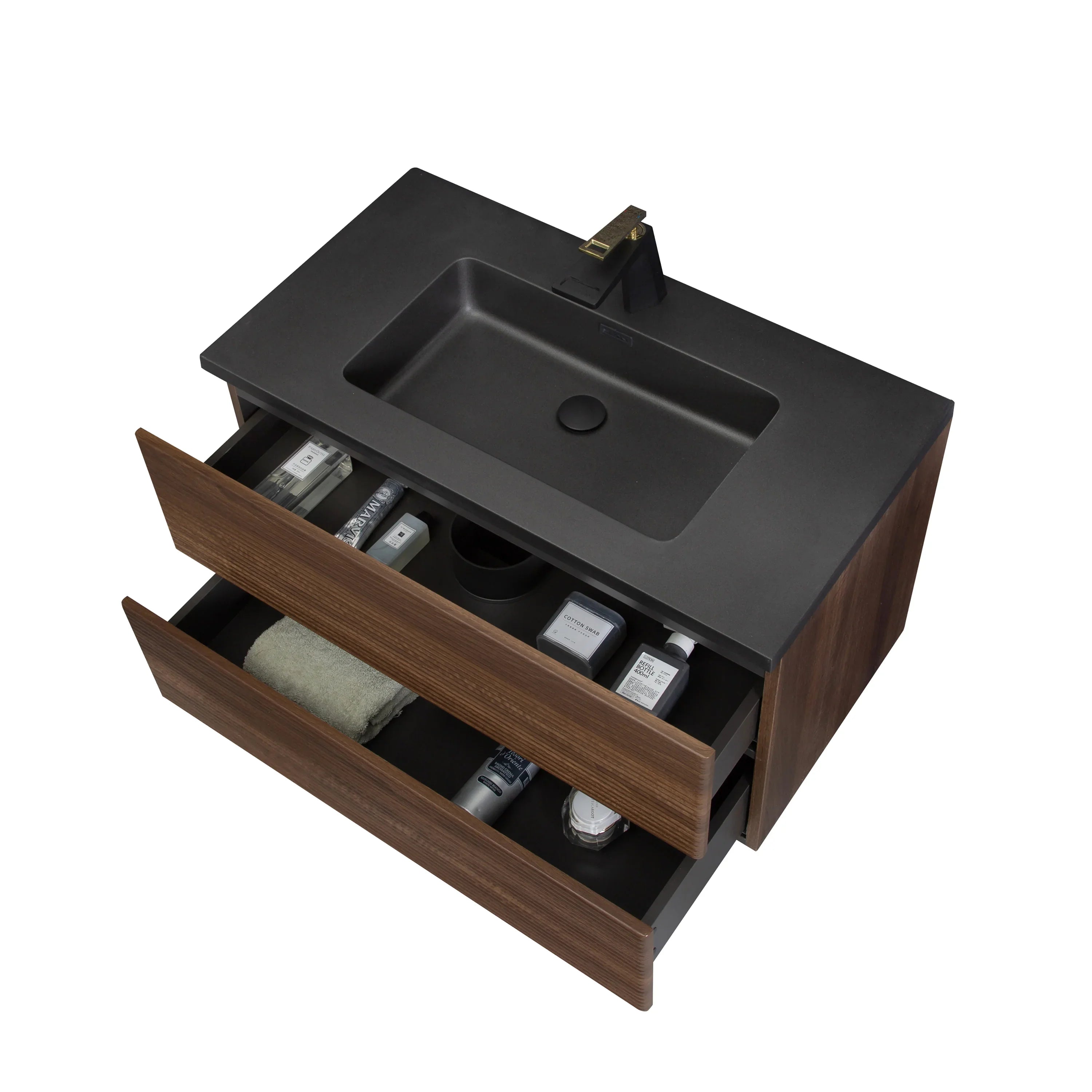 36" Walnut Wall Mount Bathroom Vanity with Black Engineered Quartz Countertop-Migration_Bathroom Vanities-DECOROLALA