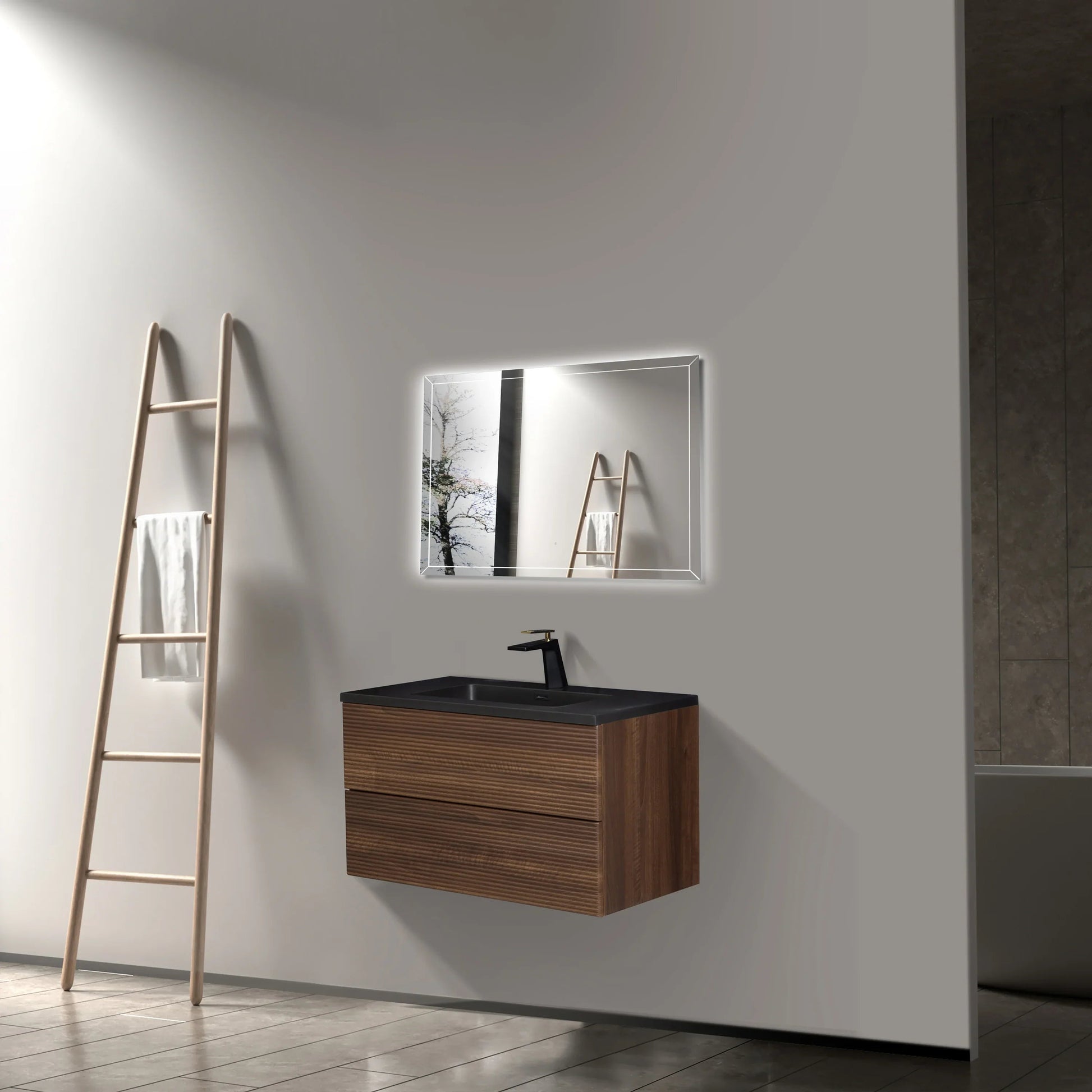 36" Walnut Wall Mount Bathroom Vanity with Black Engineered Quartz Countertop-Migration_Bathroom Vanities-DECOROLALA
