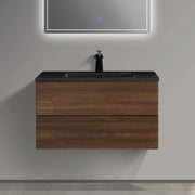 36" Walnut Wall Mount Bathroom Vanity with Black Engineered Quartz Countertop-Migration_Bathroom Vanities-DECOROLALA
