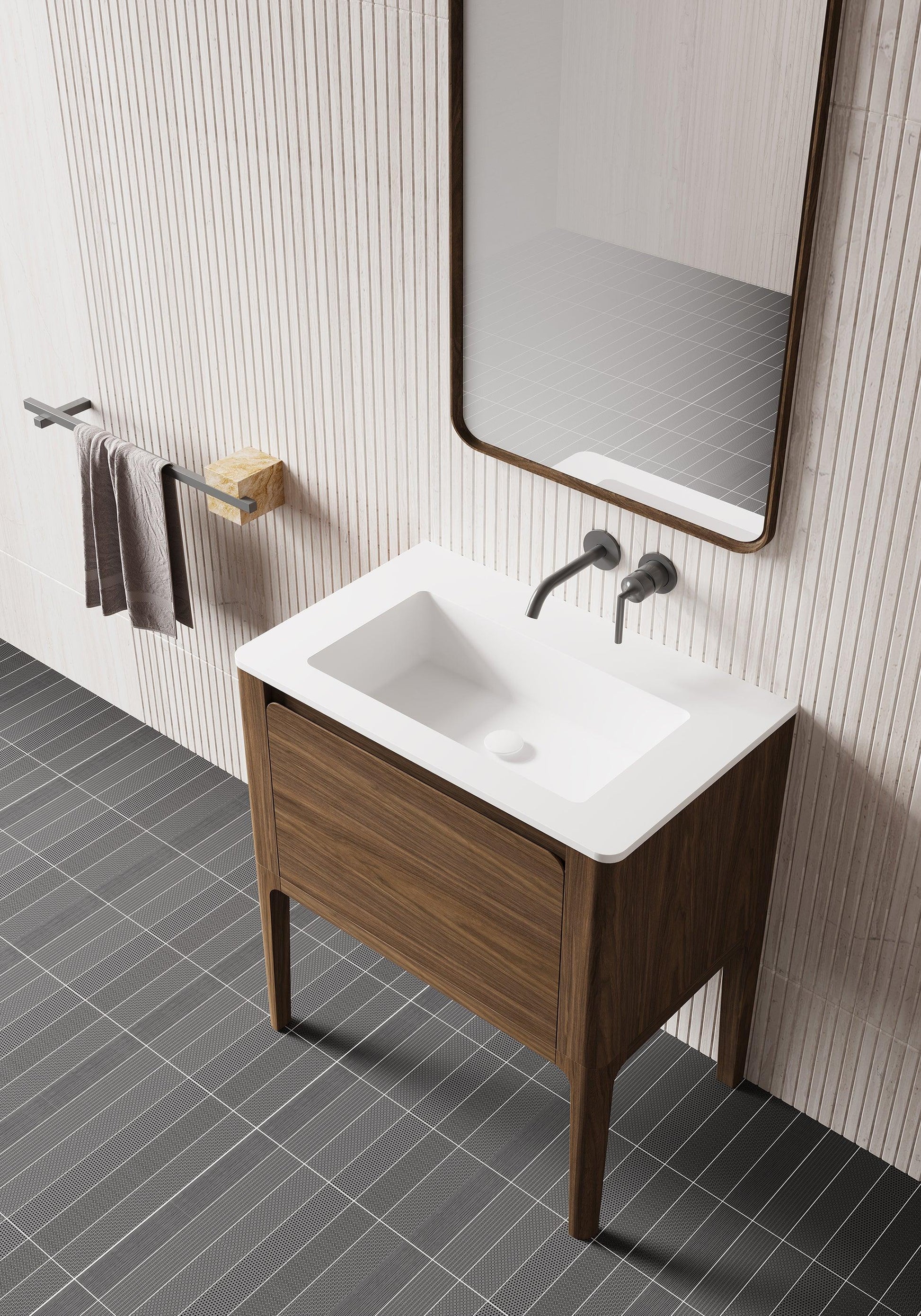 36" Walnut Wall Mount Bathroom Vanity with Matte White Solid Surface Countertop-Migration_Bathroom Vanities-DECOROLALA