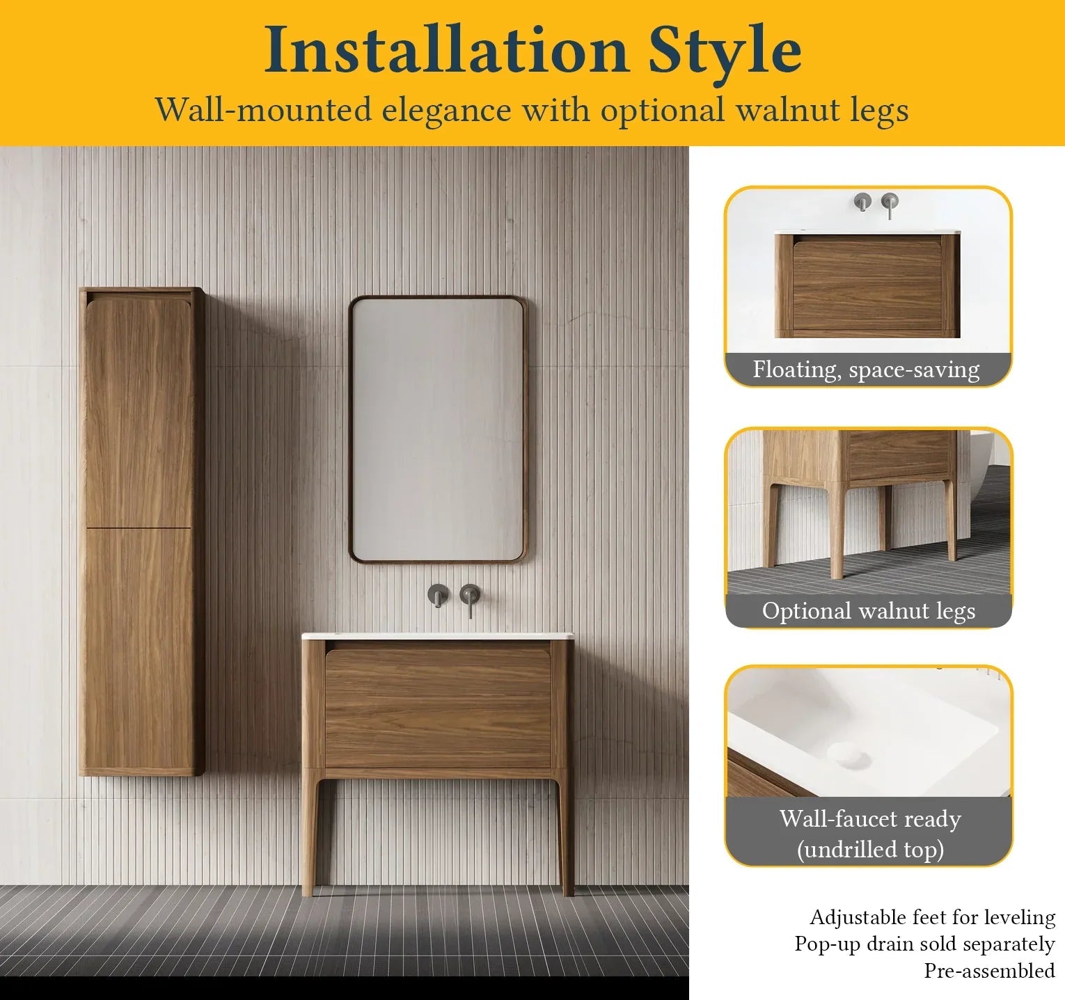 36" Walnut Wall Mount Bathroom Vanity with Matte White Solid Surface Countertop-Migration_Bathroom Vanities-DECOROLALA