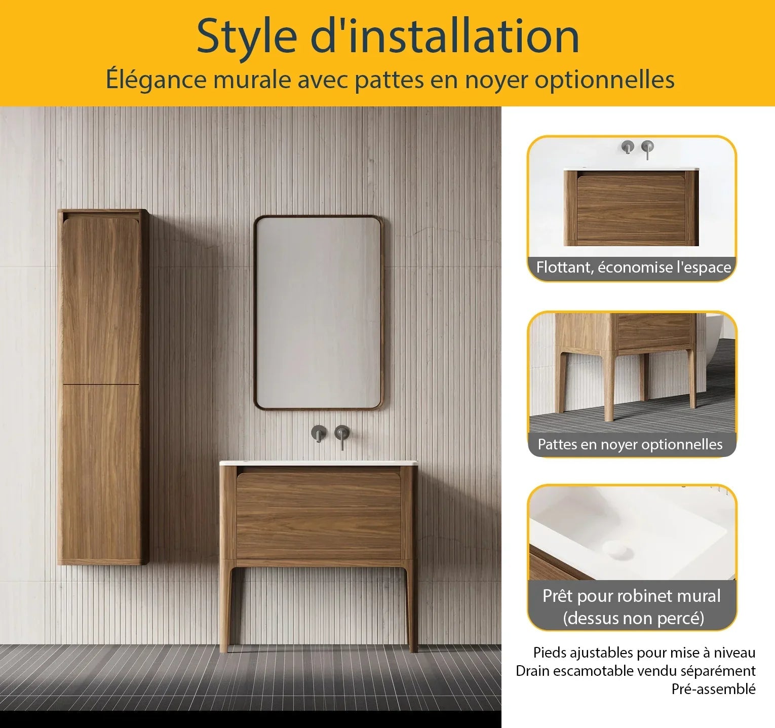 36" Walnut Wall Mount Bathroom Vanity with Matte White Solid Surface Countertop-Migration_Bathroom Vanities-DECOROLALA