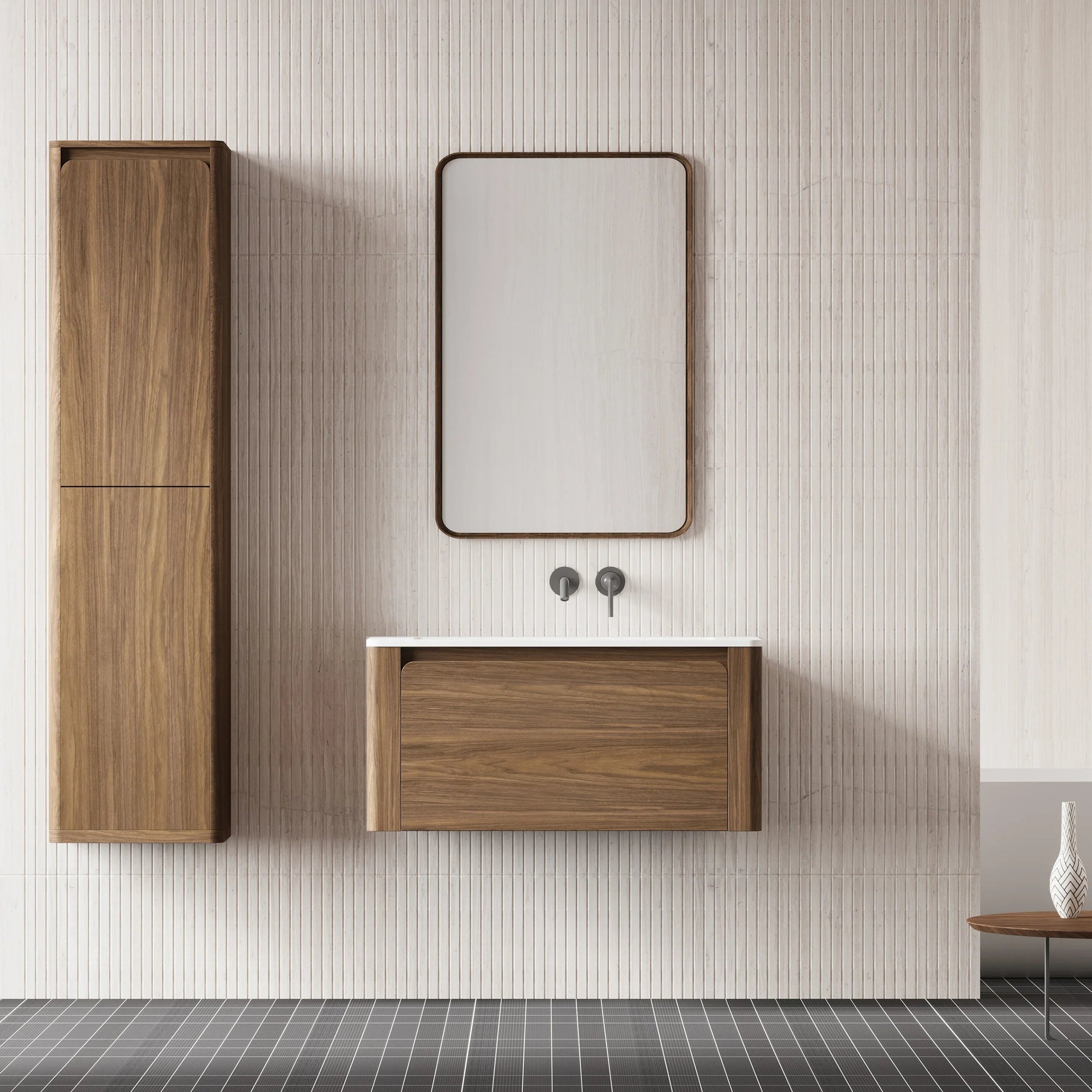 36" Walnut Wall Mount Bathroom Vanity with Matte White Solid Surface Countertop-Migration_Bathroom Vanities-DECOROLALA