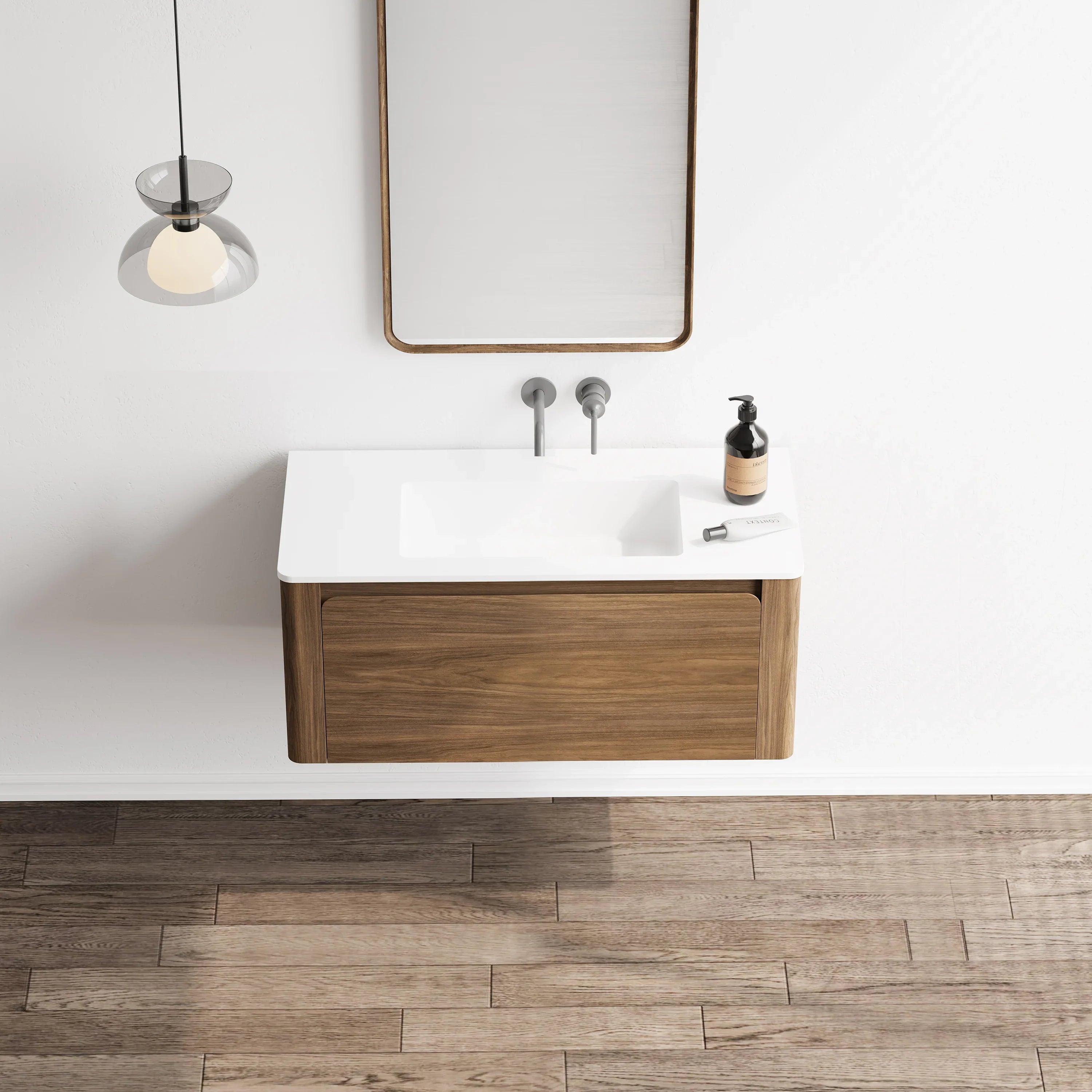 36" Walnut Wall Mount Bathroom Vanity with Matte White Solid Surface Countertop-Migration_Bathroom Vanities-DECOROLALA