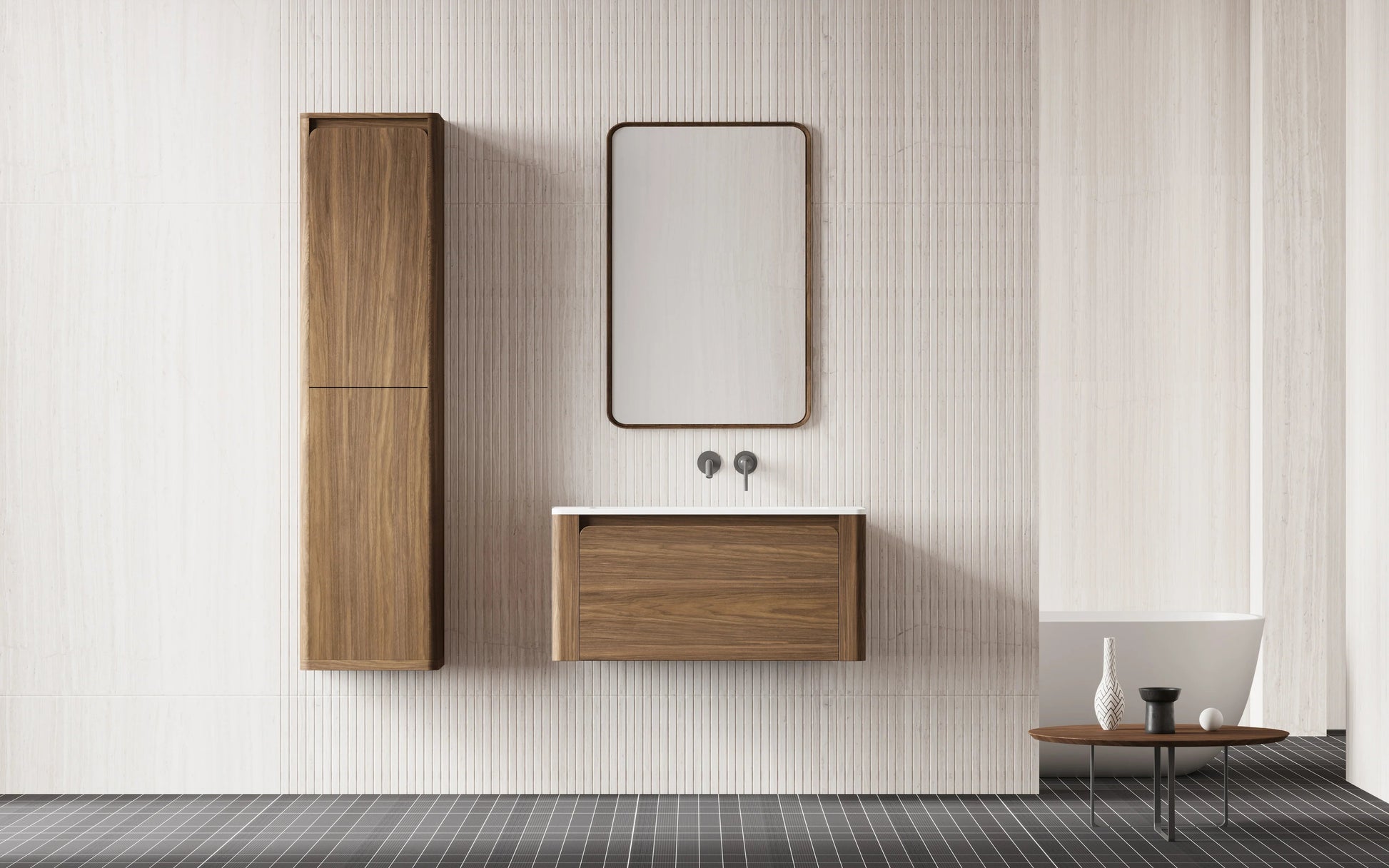 36" Walnut Wall Mount Bathroom Vanity with Matte White Solid Surface Countertop-Migration_Bathroom Vanities-DECOROLALA