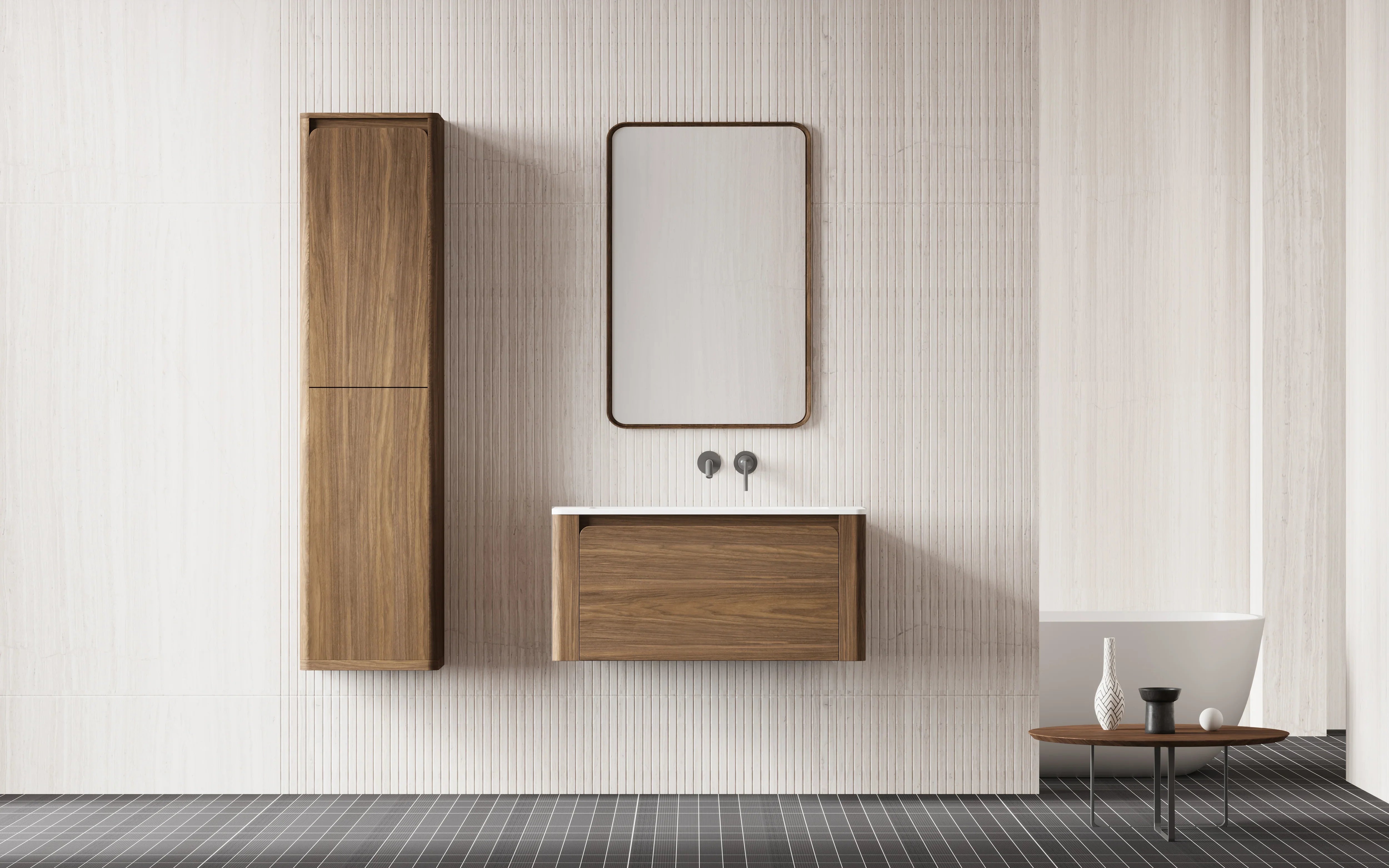 36" Walnut Wall Mount Bathroom Vanity with Matte White Solid Surface Countertop-Migration_Bathroom Vanities-DECOROLALA