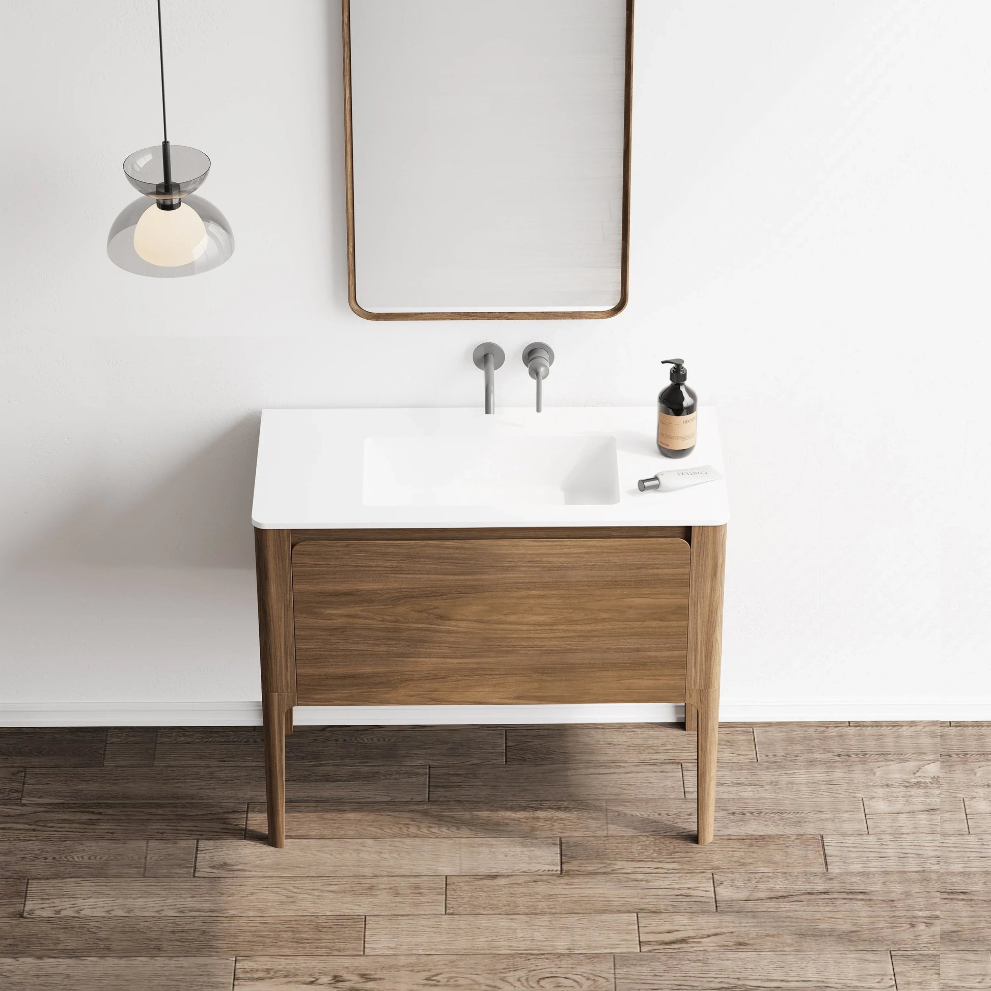 36" Walnut Wall Mount Bathroom Vanity with Matte White Solid Surface Countertop-Migration_Bathroom Vanities-DECOROLALA