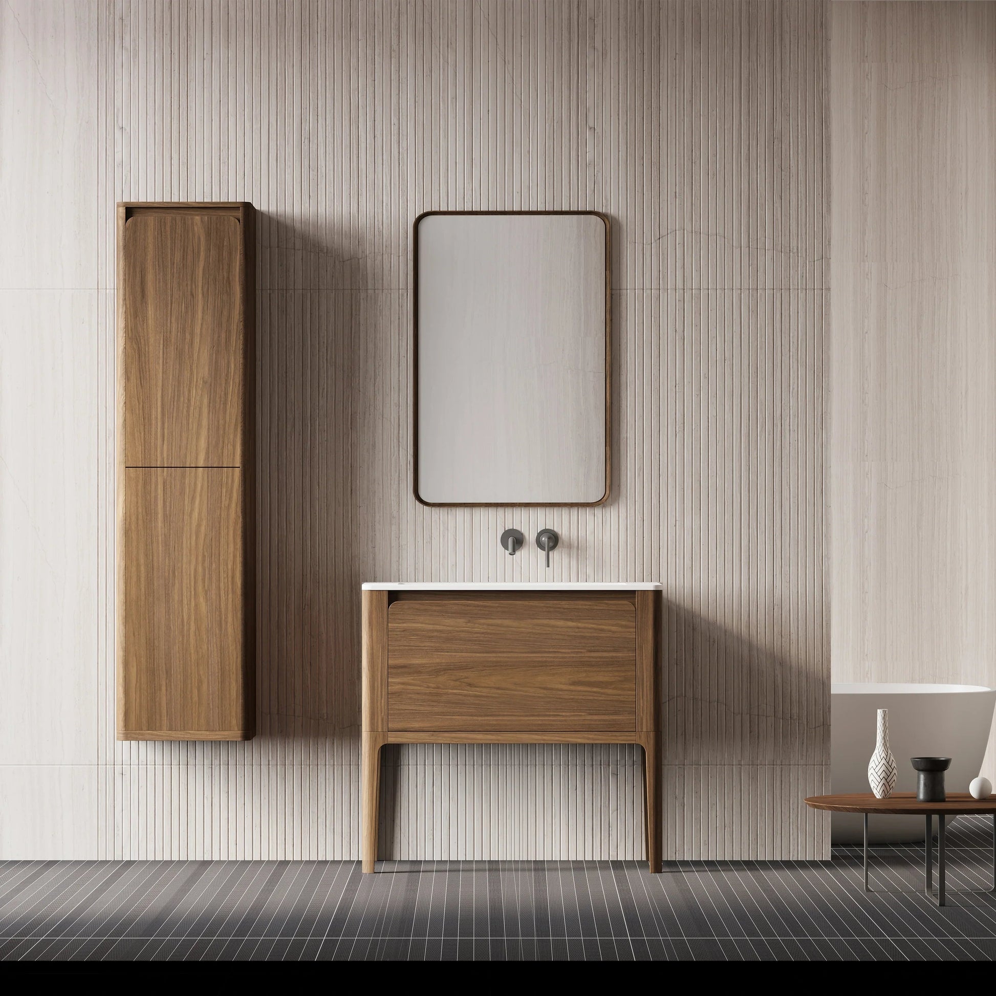 36" Walnut Wall Mount Bathroom Vanity with Matte White Solid Surface Countertop-Migration_Bathroom Vanities-DECOROLALA