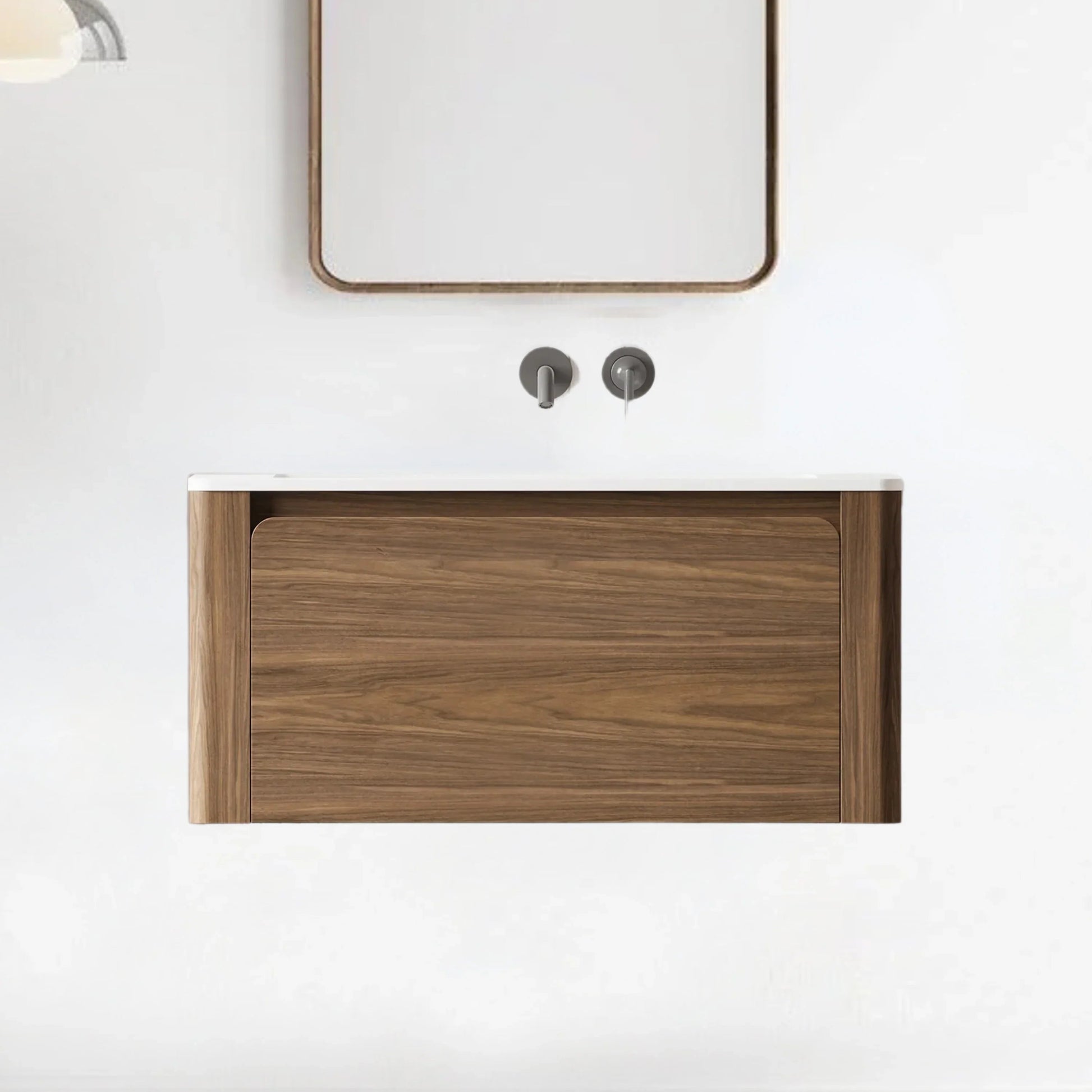 36" Walnut Wall Mount Bathroom Vanity with Matte White Solid Surface Countertop-Migration_Bathroom Vanities-DECOROLALA