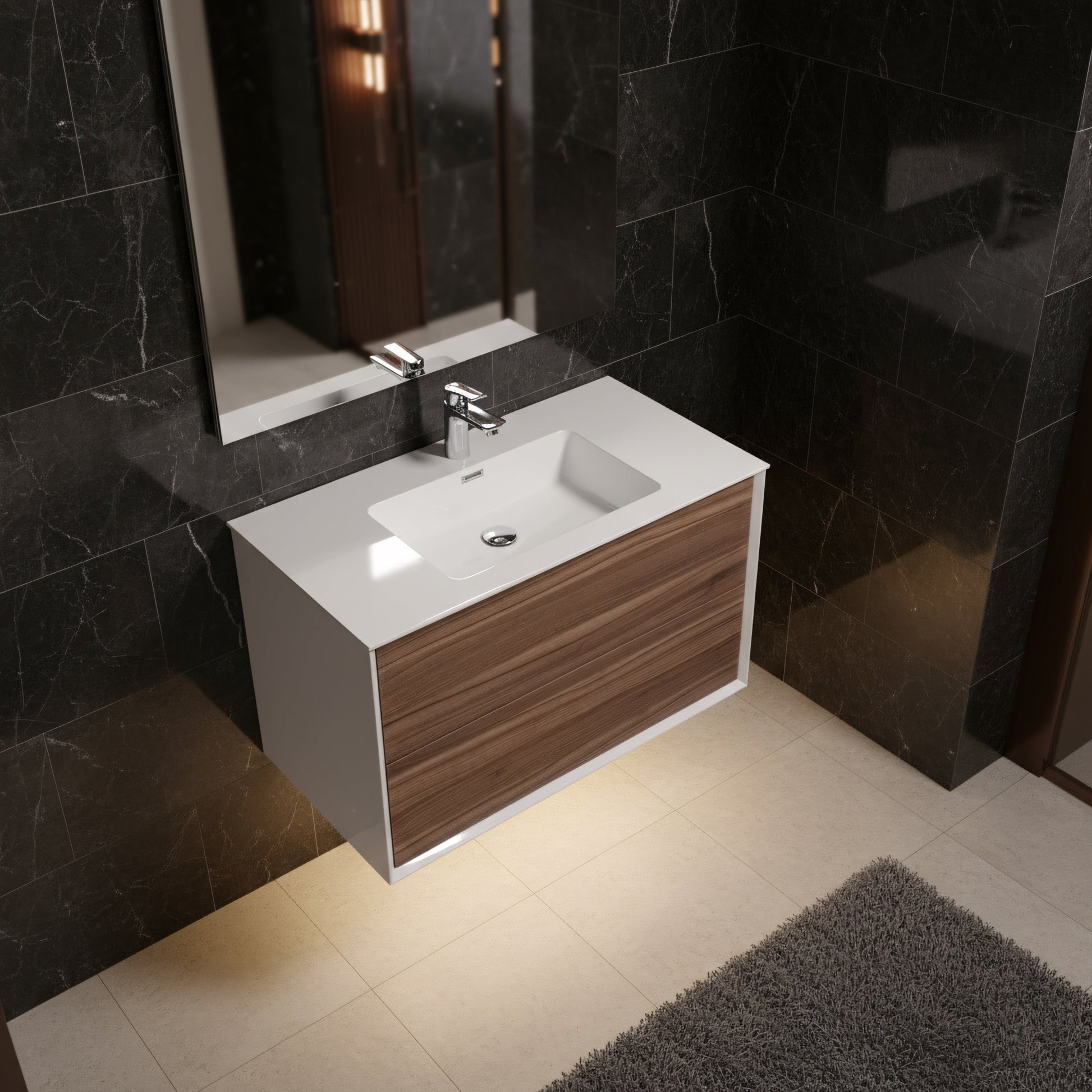 36" Walnut Wall Mount Vanity with White Polymarble Countertop-Migration_Bathroom Vanities-DECOROLALA