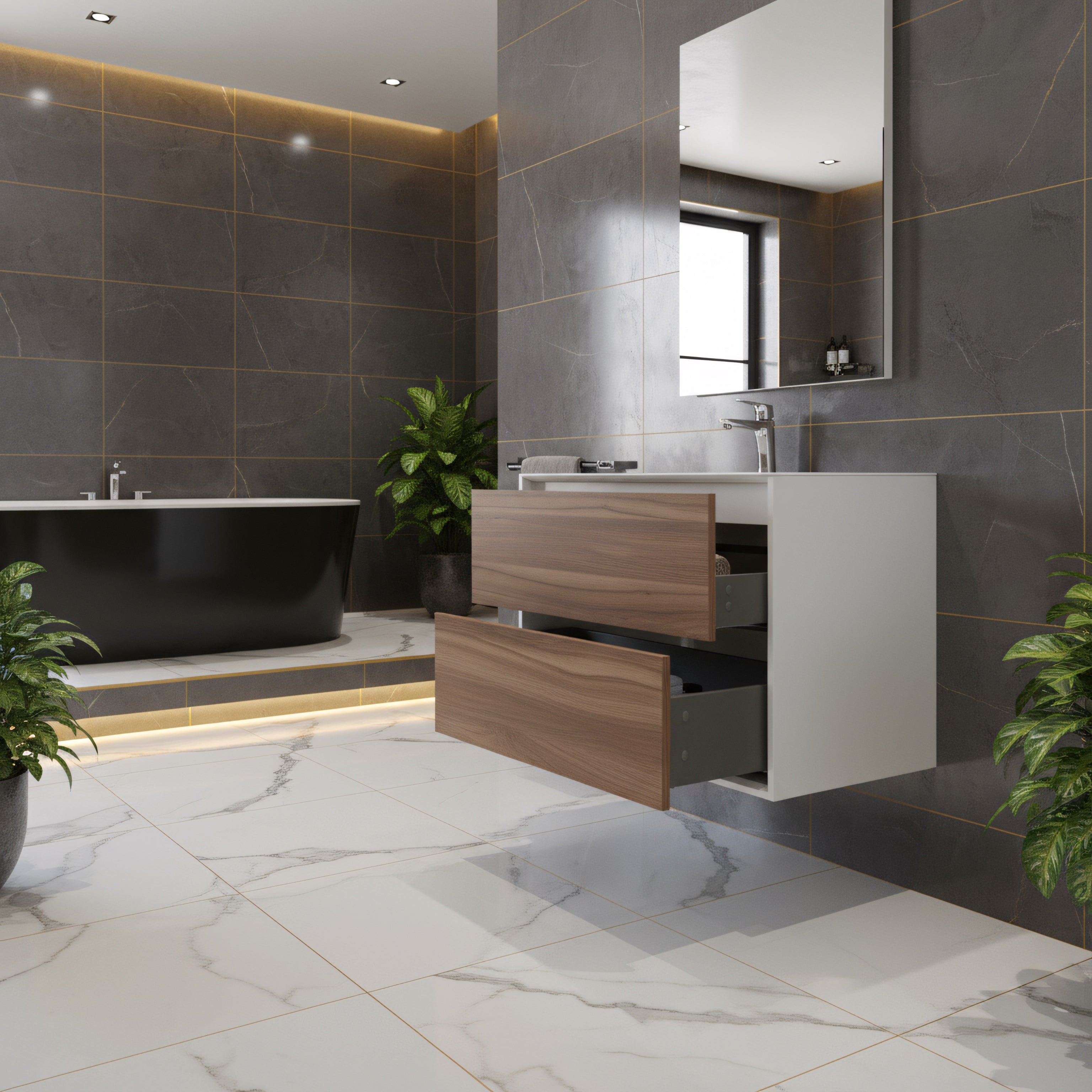 36" Walnut Wall Mount Vanity with White Polymarble Countertop-Migration_Bathroom Vanities-DECOROLALA