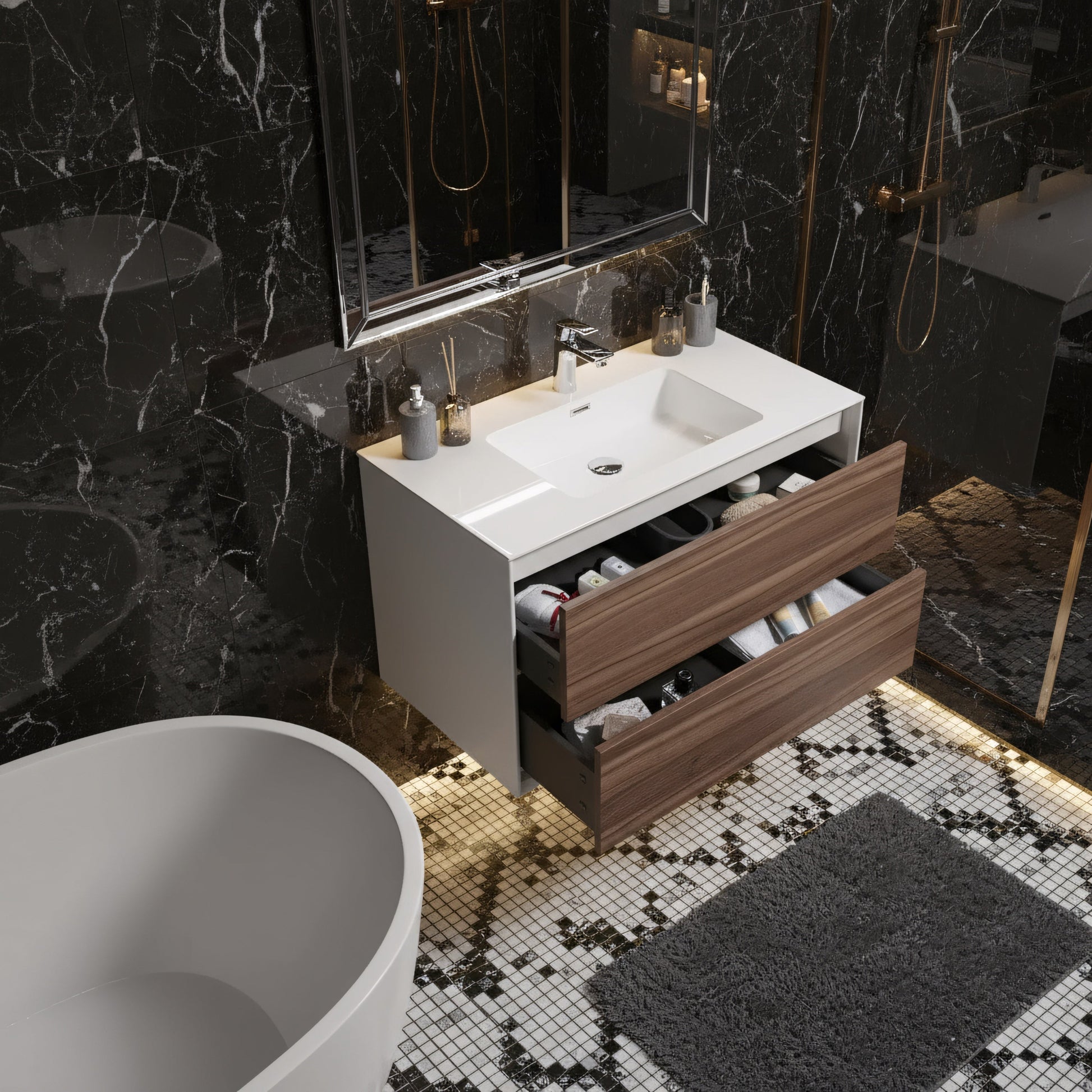 36" Walnut Wall Mount Vanity with White Polymarble Countertop-Migration_Bathroom Vanities-DECOROLALA