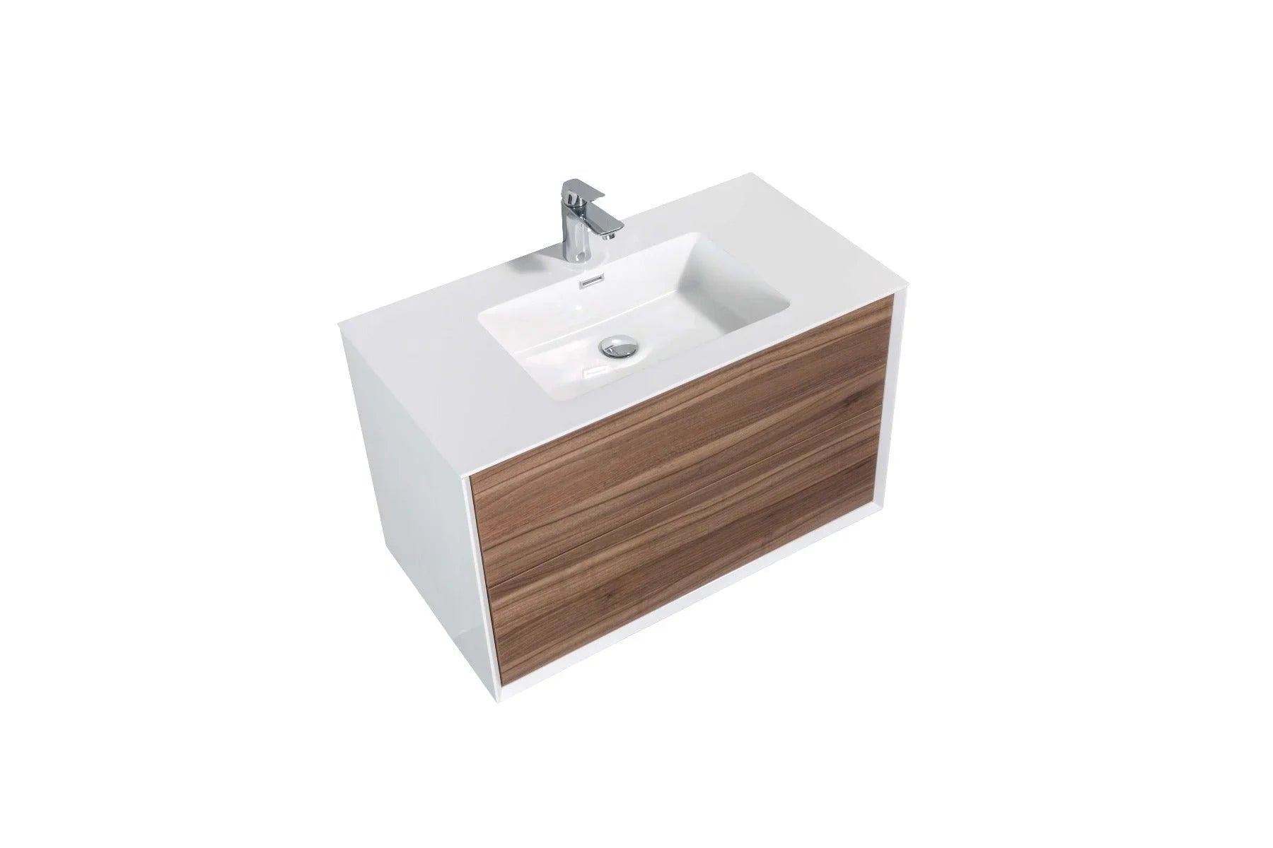 36" Walnut Wall Mount Vanity with White Polymarble Countertop-Migration_Bathroom Vanities-DECOROLALA