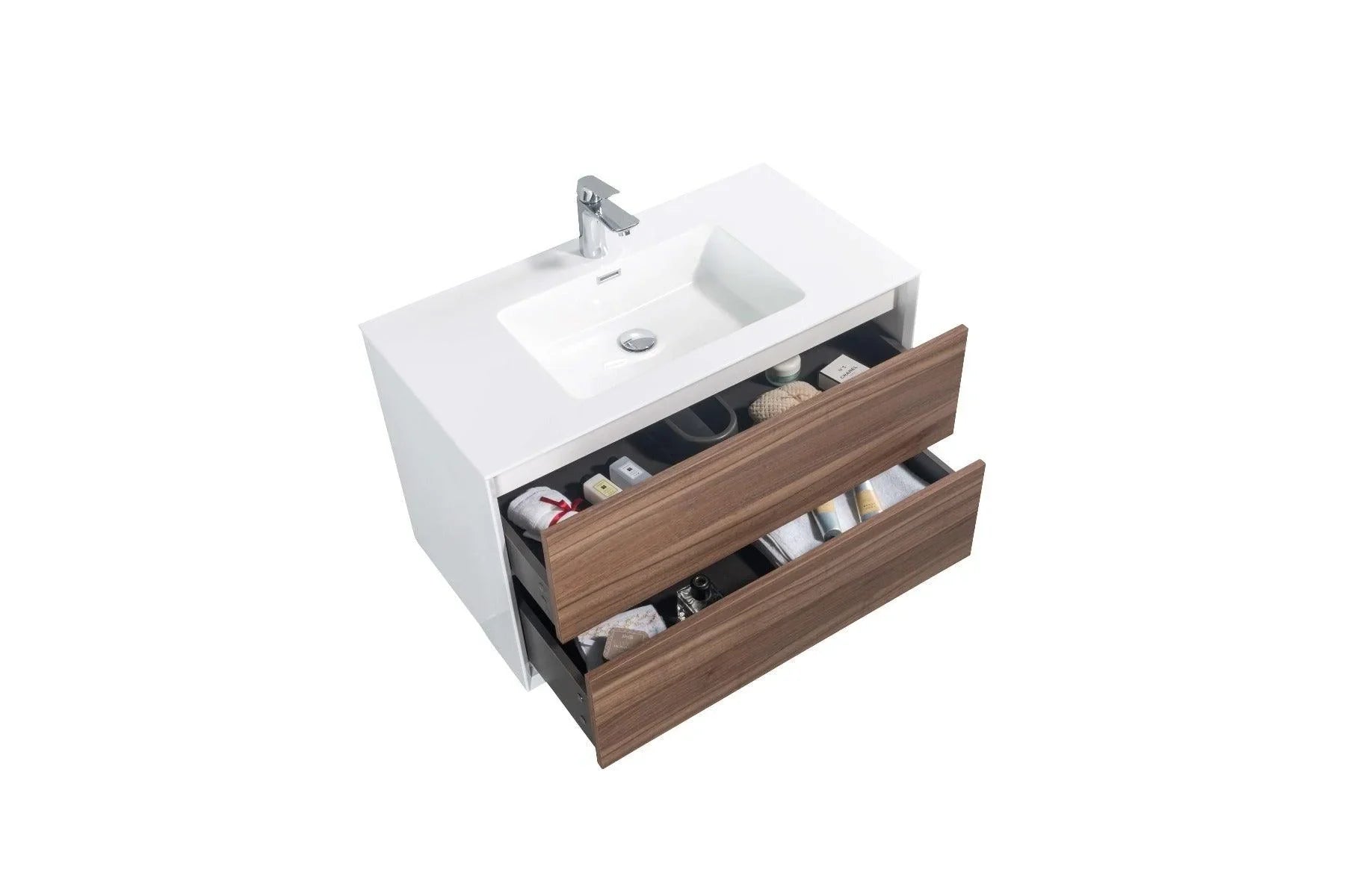 36" Walnut Wall Mount Vanity with White Polymarble Countertop-Migration_Bathroom Vanities-DECOROLALA