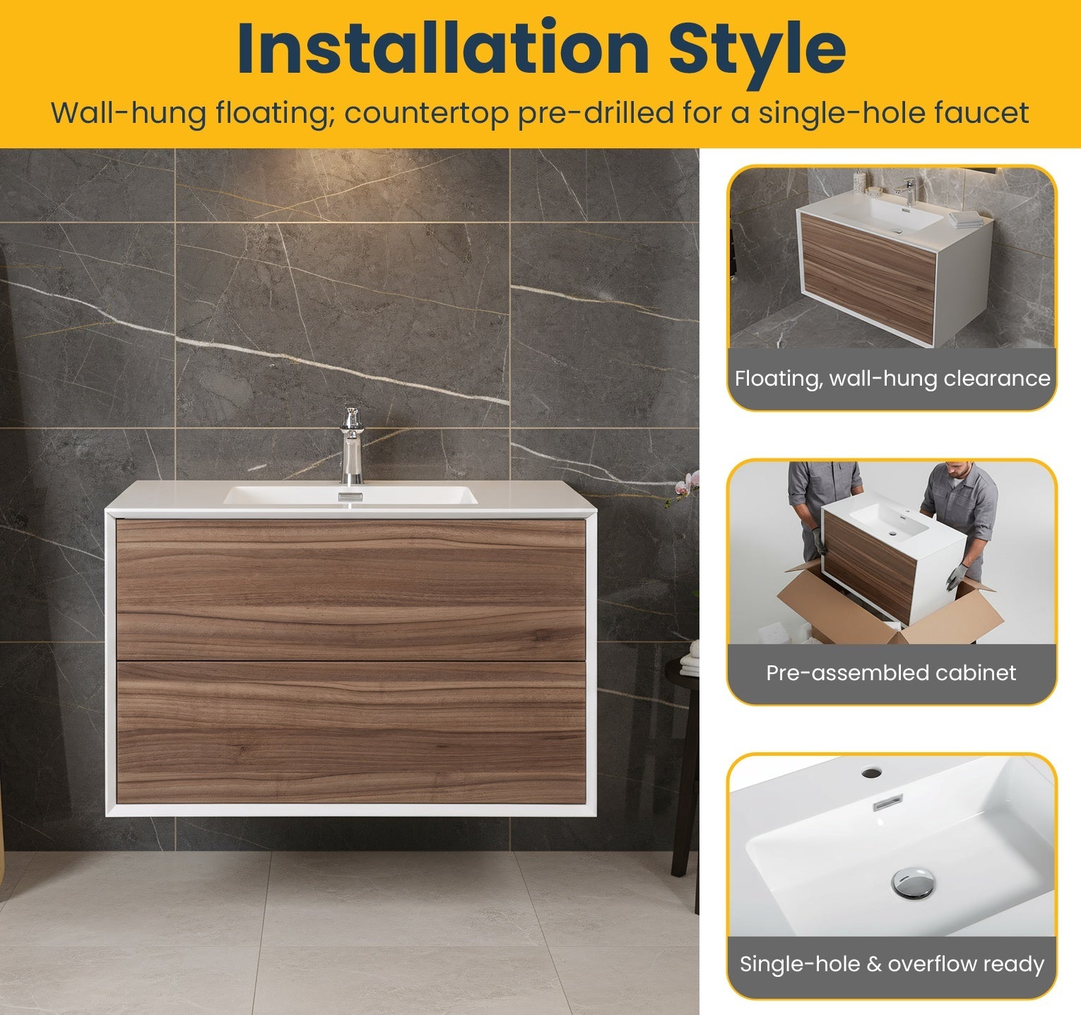 36" Walnut Wall Mount Vanity with White Polymarble Countertop-Migration_Bathroom Vanities-DECOROLALA