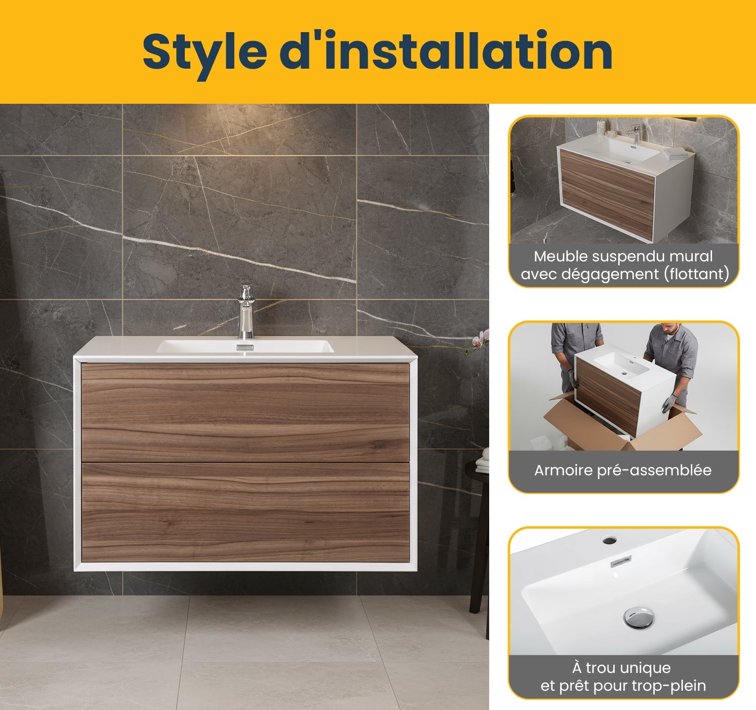 36" Walnut Wall Mount Vanity with White Polymarble Countertop-Migration_Bathroom Vanities-DECOROLALA