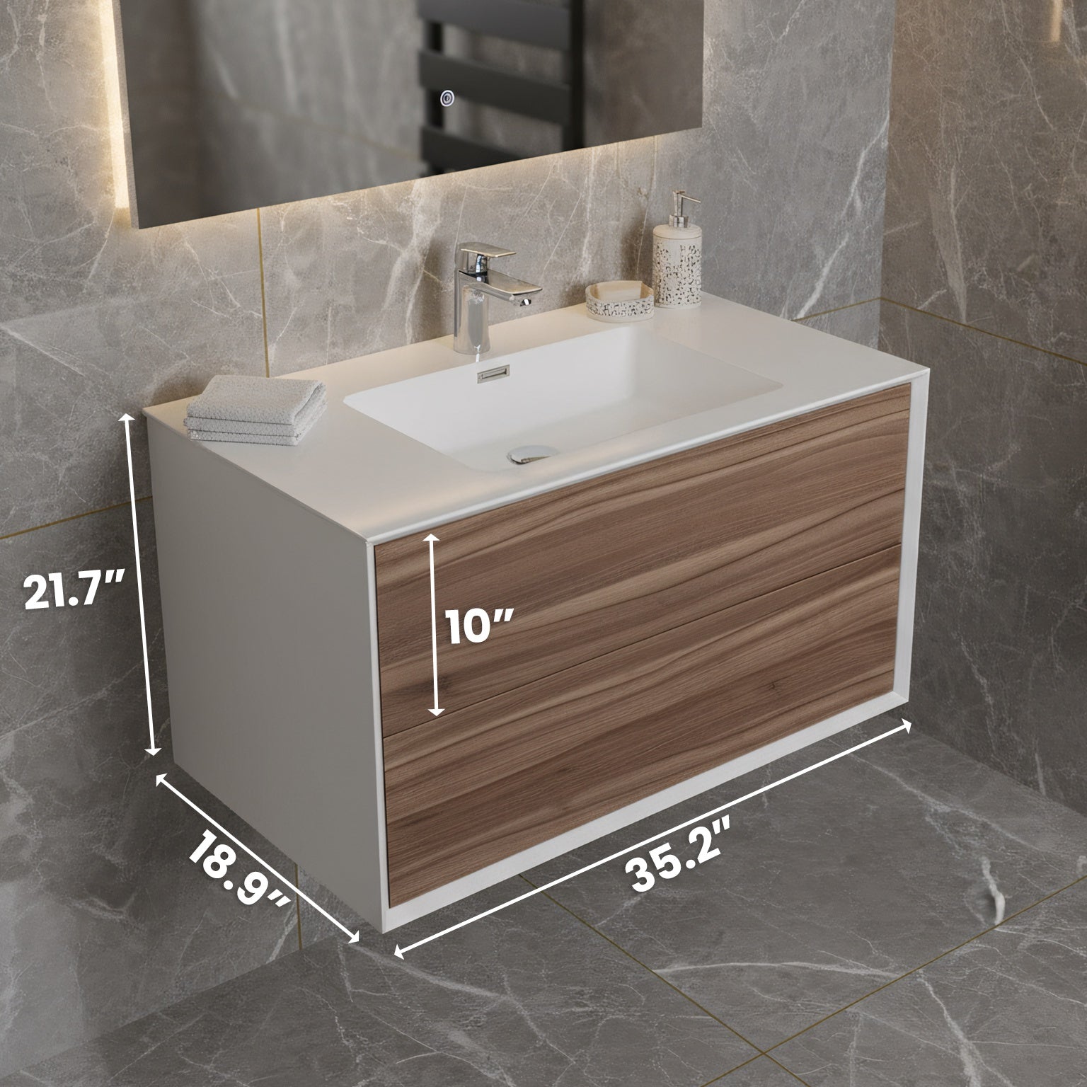 36" Walnut Wall Mount Vanity with White Polymarble Countertop-Migration_Bathroom Vanities-DECOROLALA
